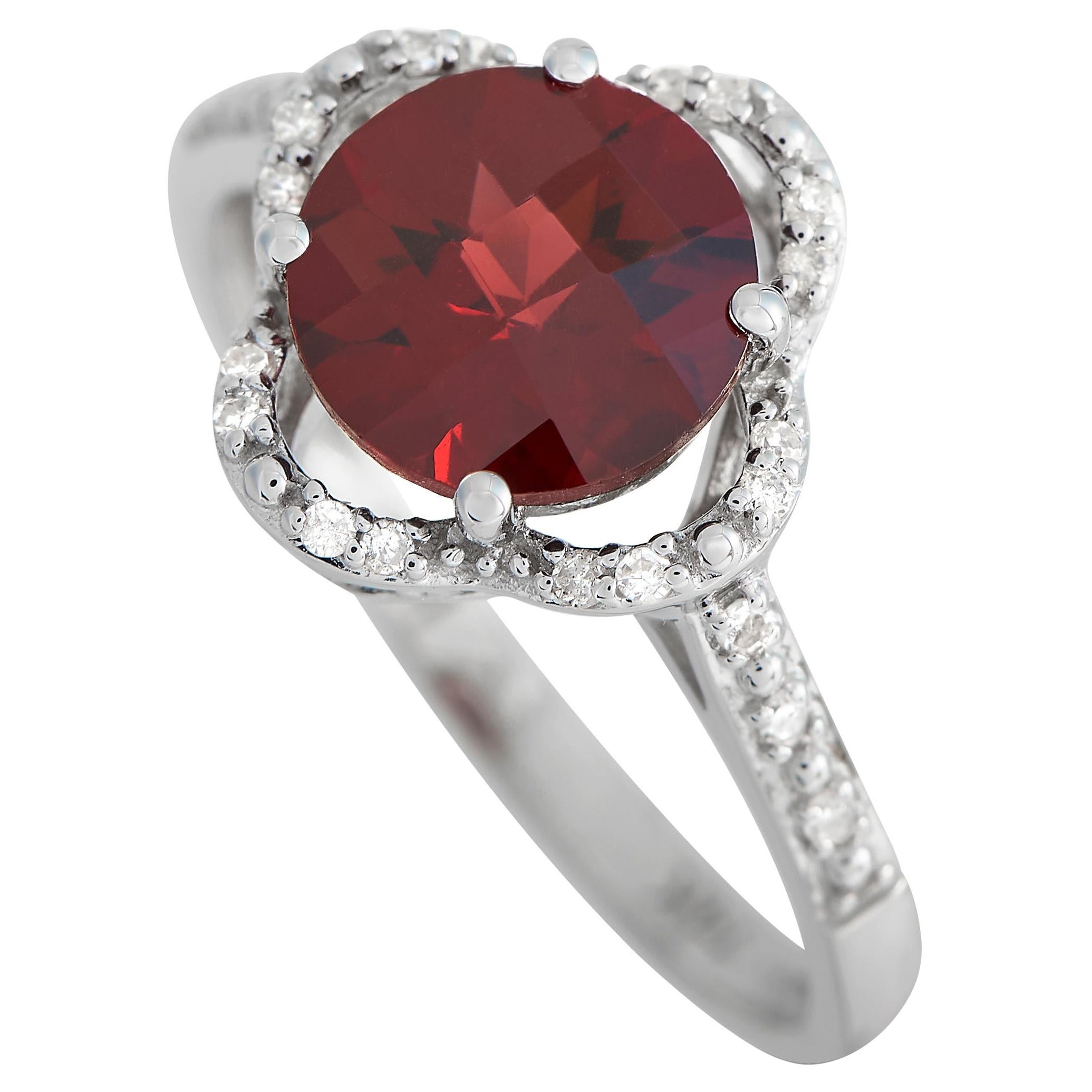 Quatrefoil-Ring aus 14 Karat Weißgold mit 0,10 Karat Diamant und Granat