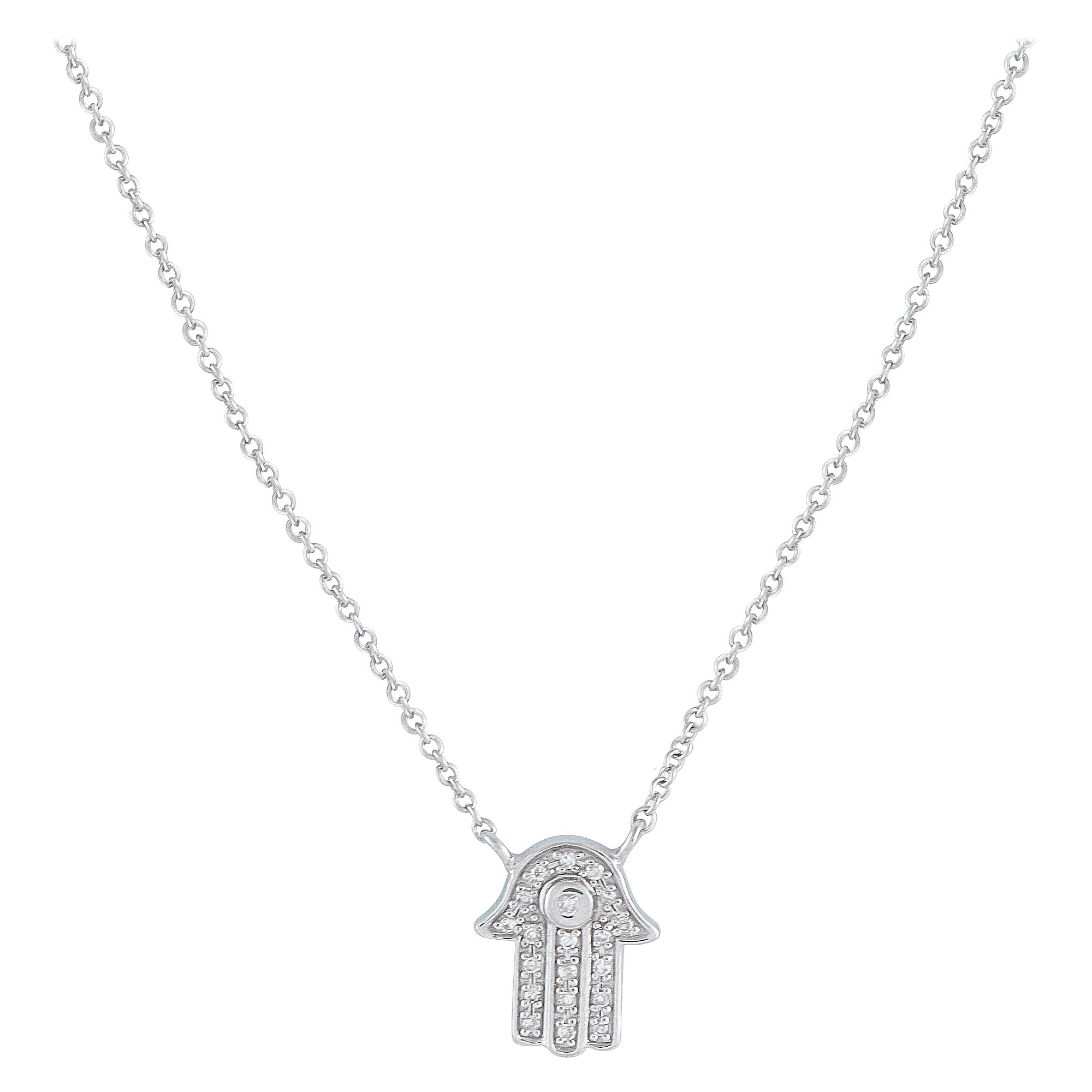 14K White Gold 0.10ct Diamond Hamsa Pendant Necklace PN15814-W For Sale