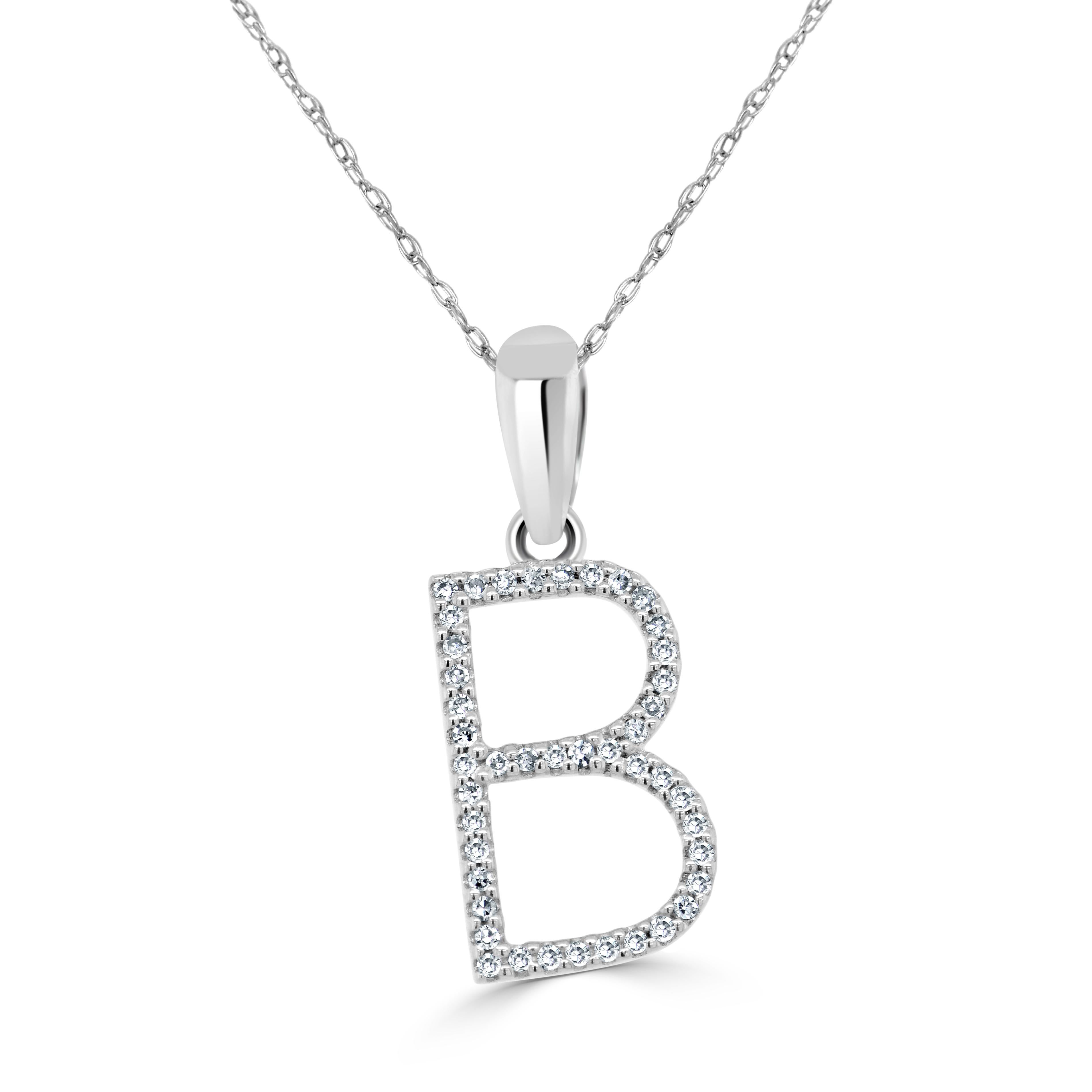 Taille baguette Pendentif en or blanc 14 carats avec diamants de 0,10 carat, initial B, pour elle en vente