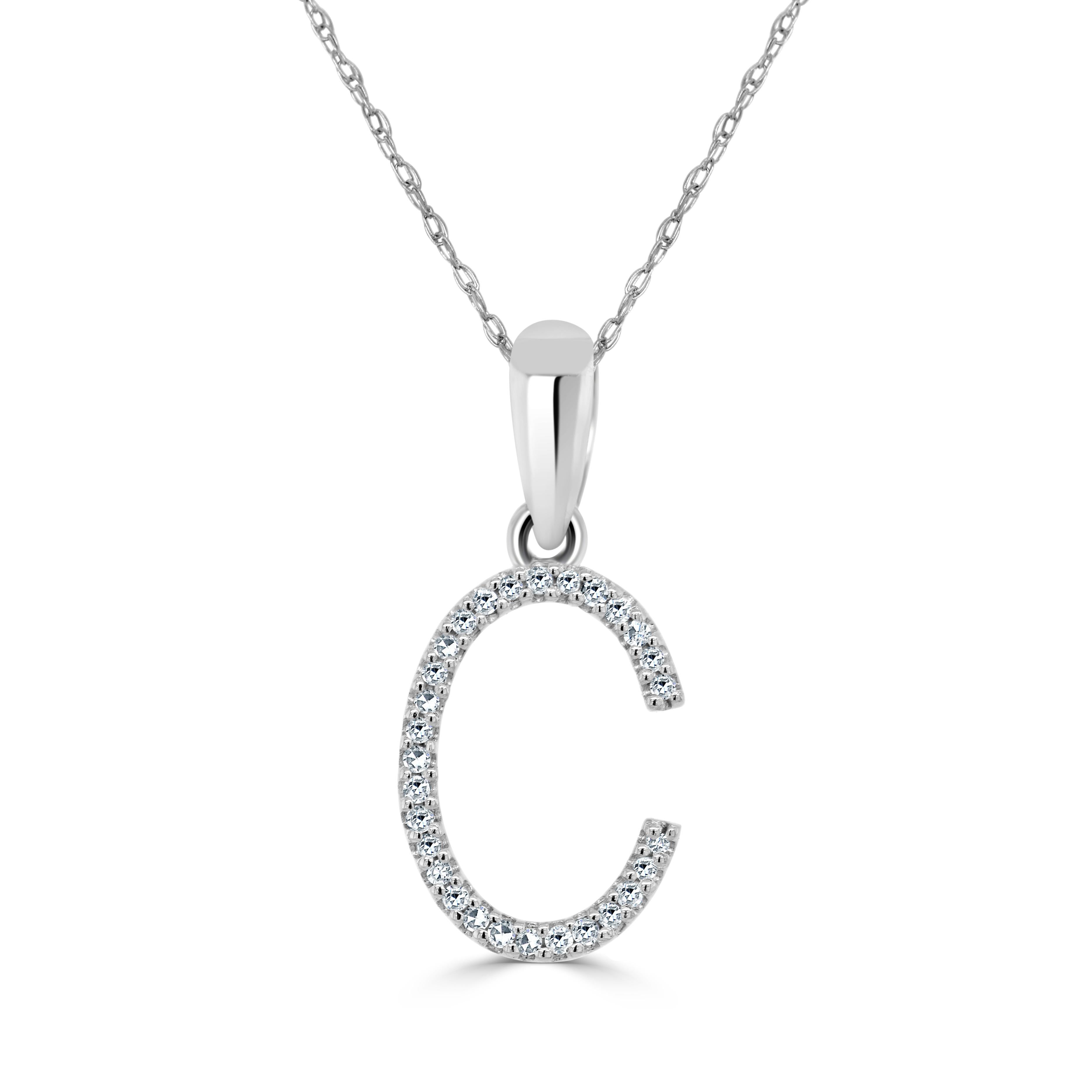 Baguette Cut 14K White Gold 0.10ct Diamond Initial C Pendant for Her For Sale