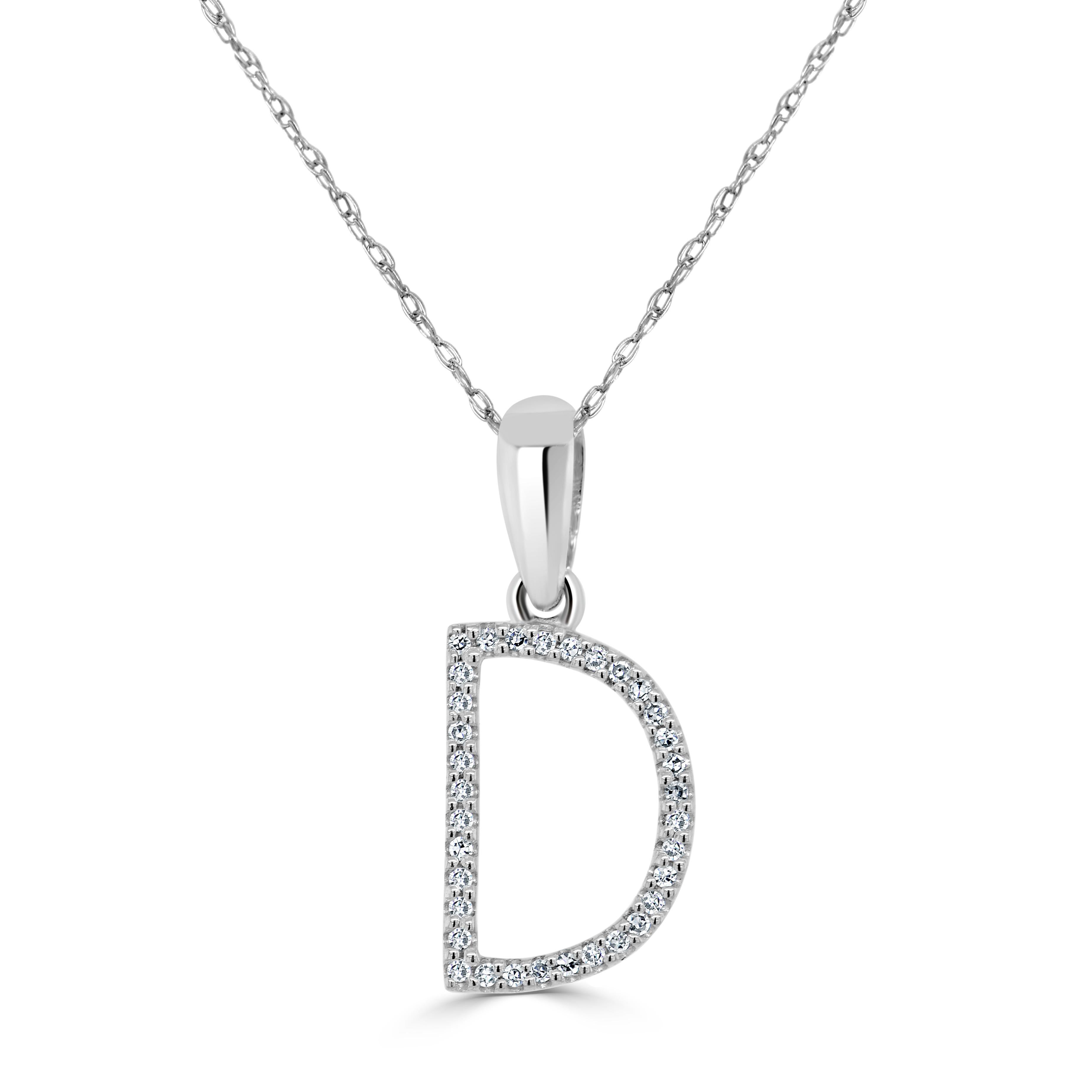 Baguette Cut 14K White Gold 0.10ct Diamond Initial D Pendant for Her For Sale