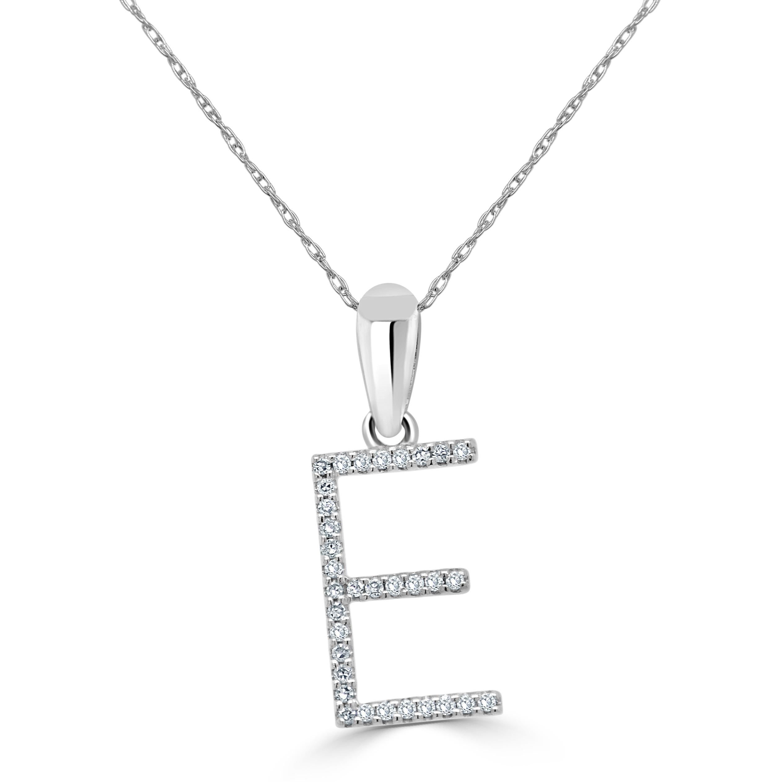 Baguette Cut 14K White Gold 0.10ct Diamond Initial E Pendant for Her For Sale