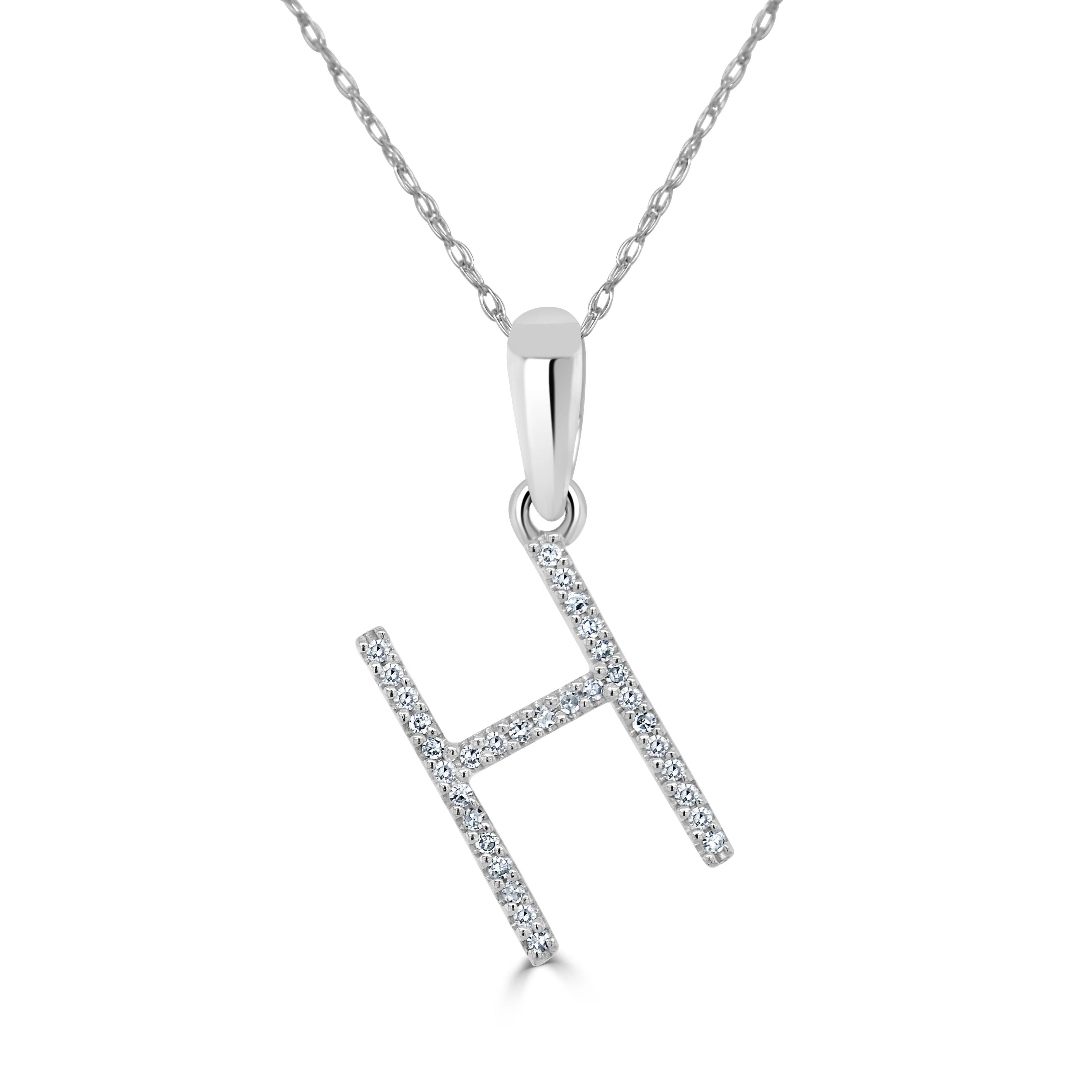 Baguette Cut 14K White Gold 0.10ct Diamond Initial H Pendant for Her For Sale