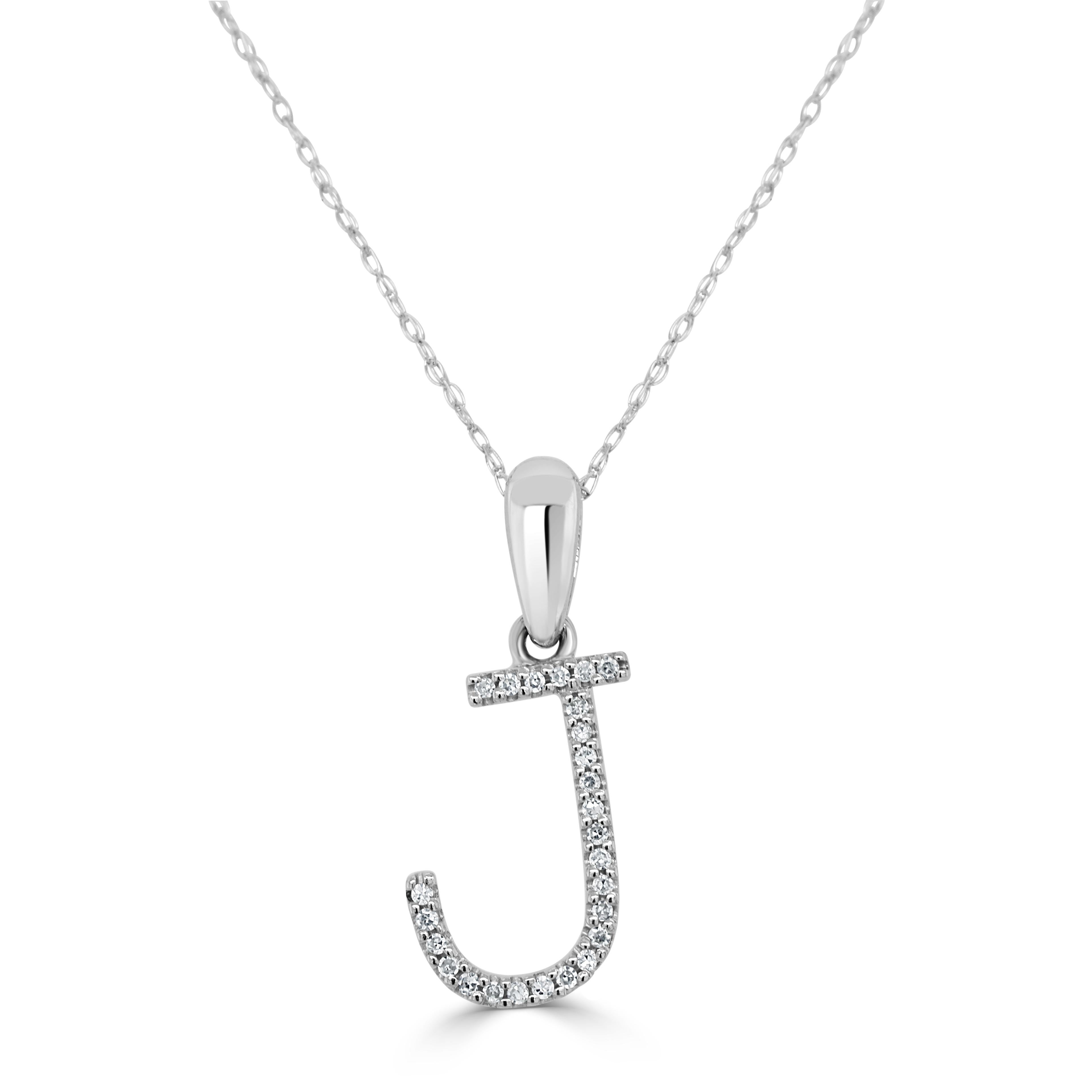Baguette Cut 14K White Gold 0.10ct Diamond Initial J Pendant for Her For Sale
