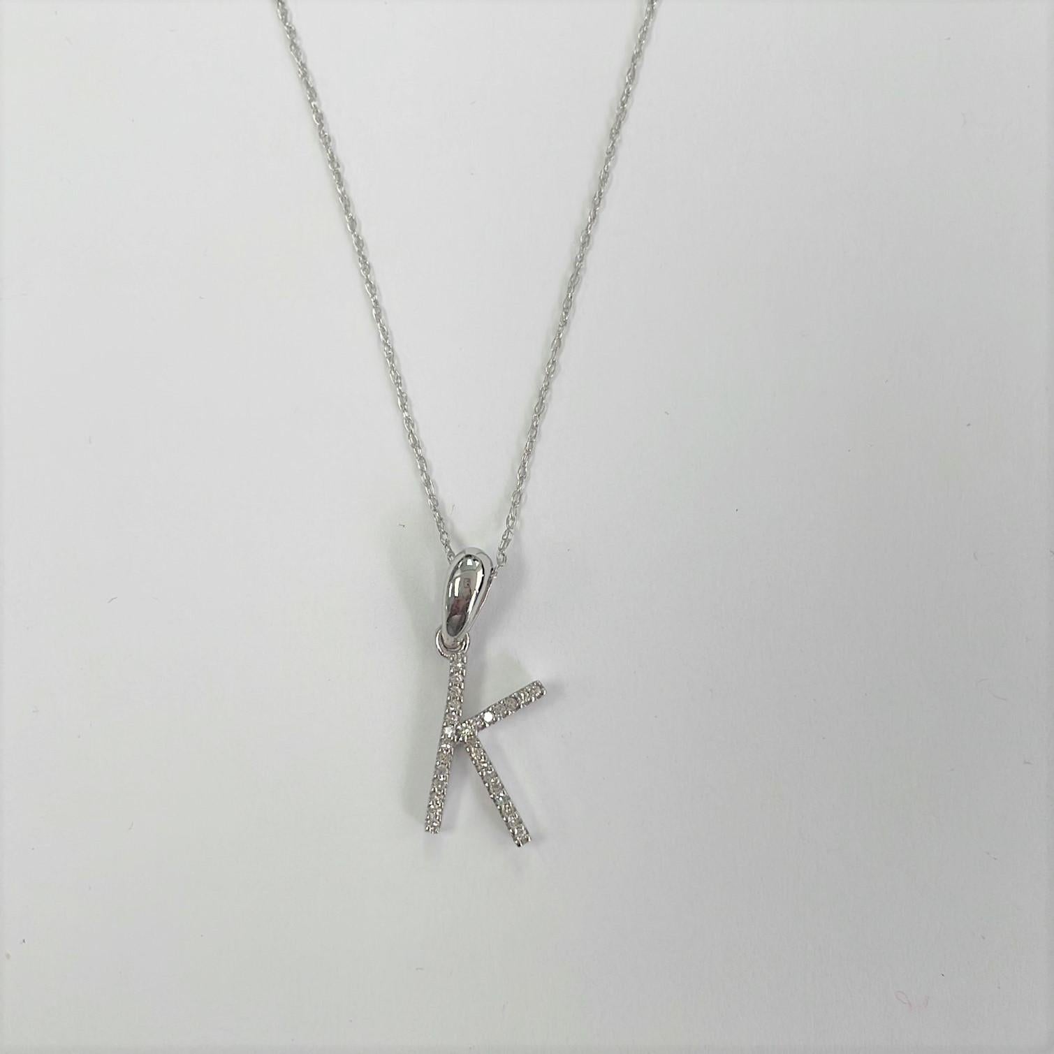 Contemporary 14K White Gold 0.10ct Diamond Initial K Pendant for Her For Sale