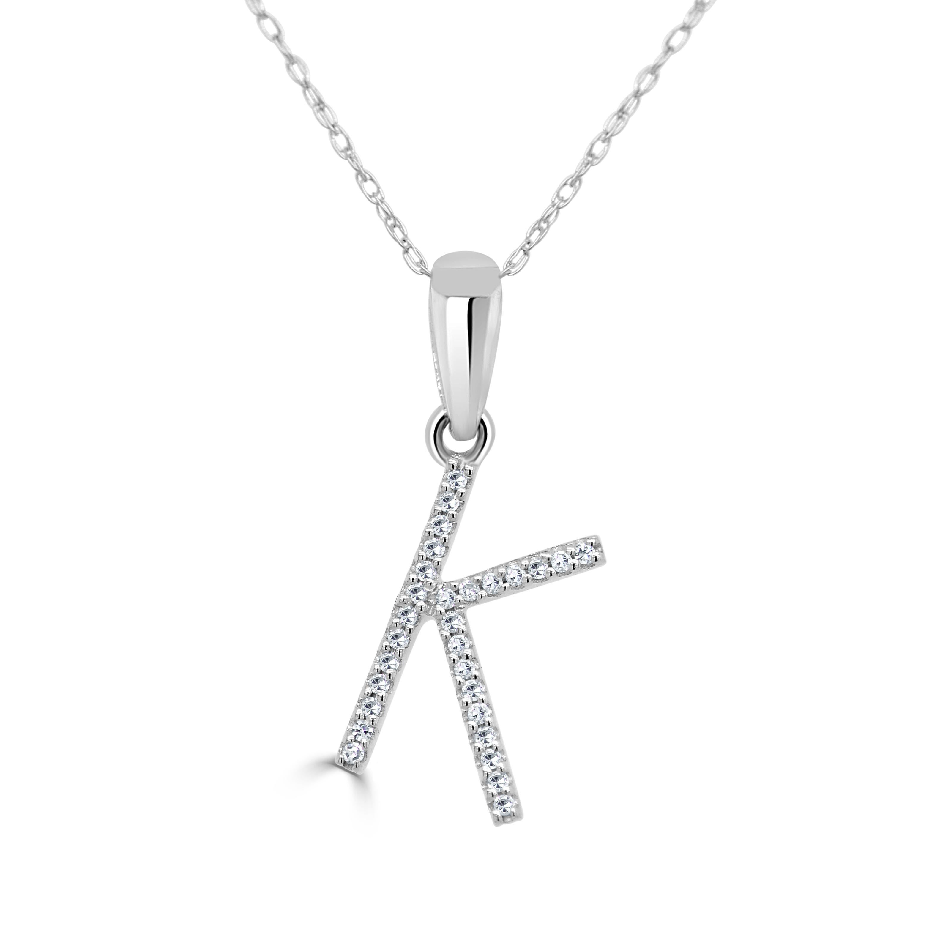 Baguette Cut 14K White Gold 0.10ct Diamond Initial K Pendant for Her For Sale