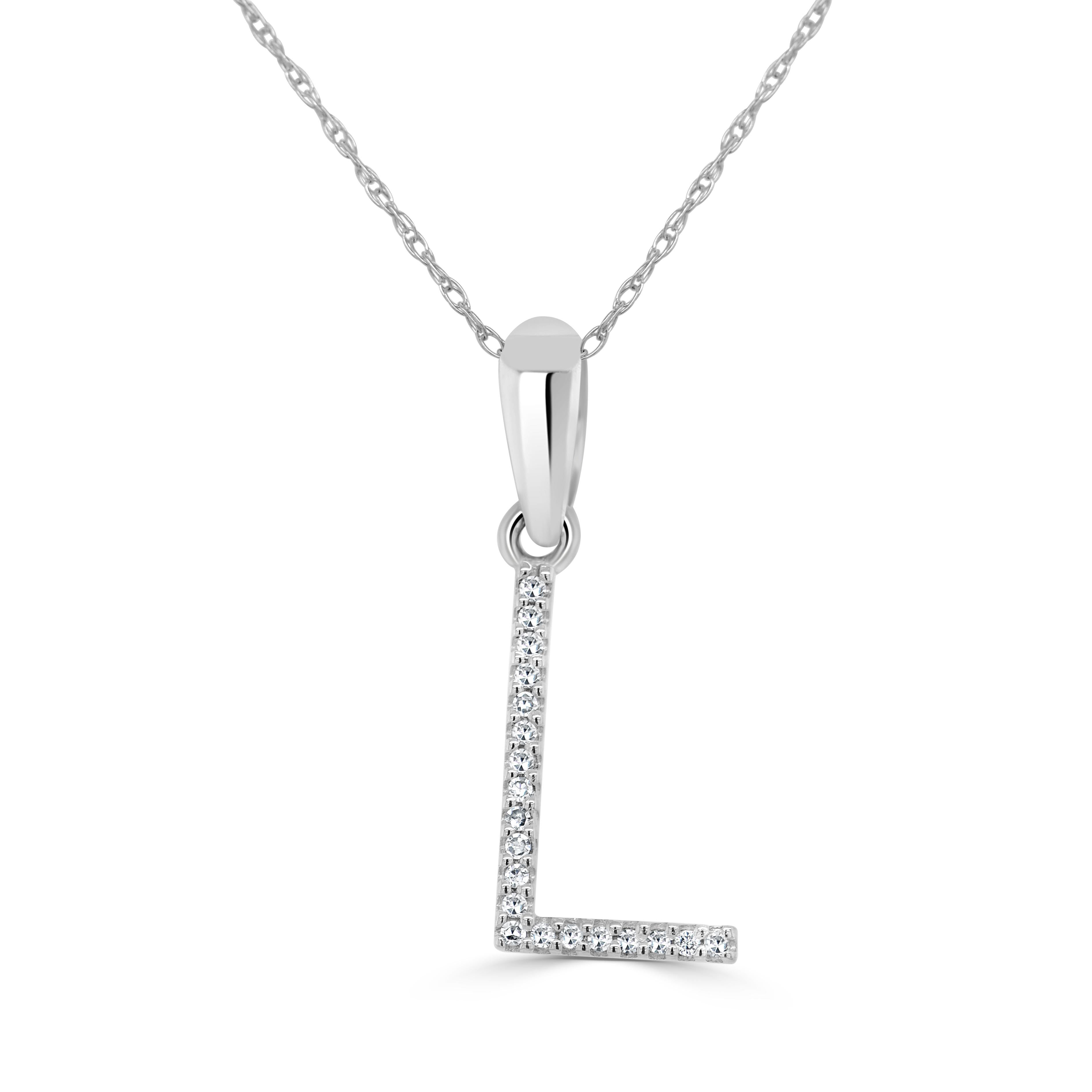 Taille baguette Pendentif L initiale en or blanc 14 carats avec diamants de 0,10 carat pour elle en vente
