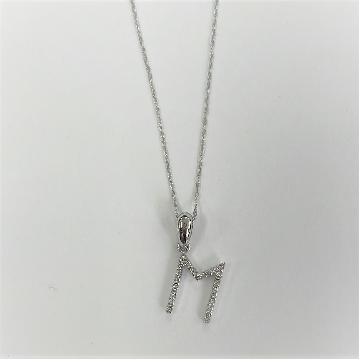 Contemporary 14K White Gold 0.10ct Diamond Initial M Pendant for Her For Sale