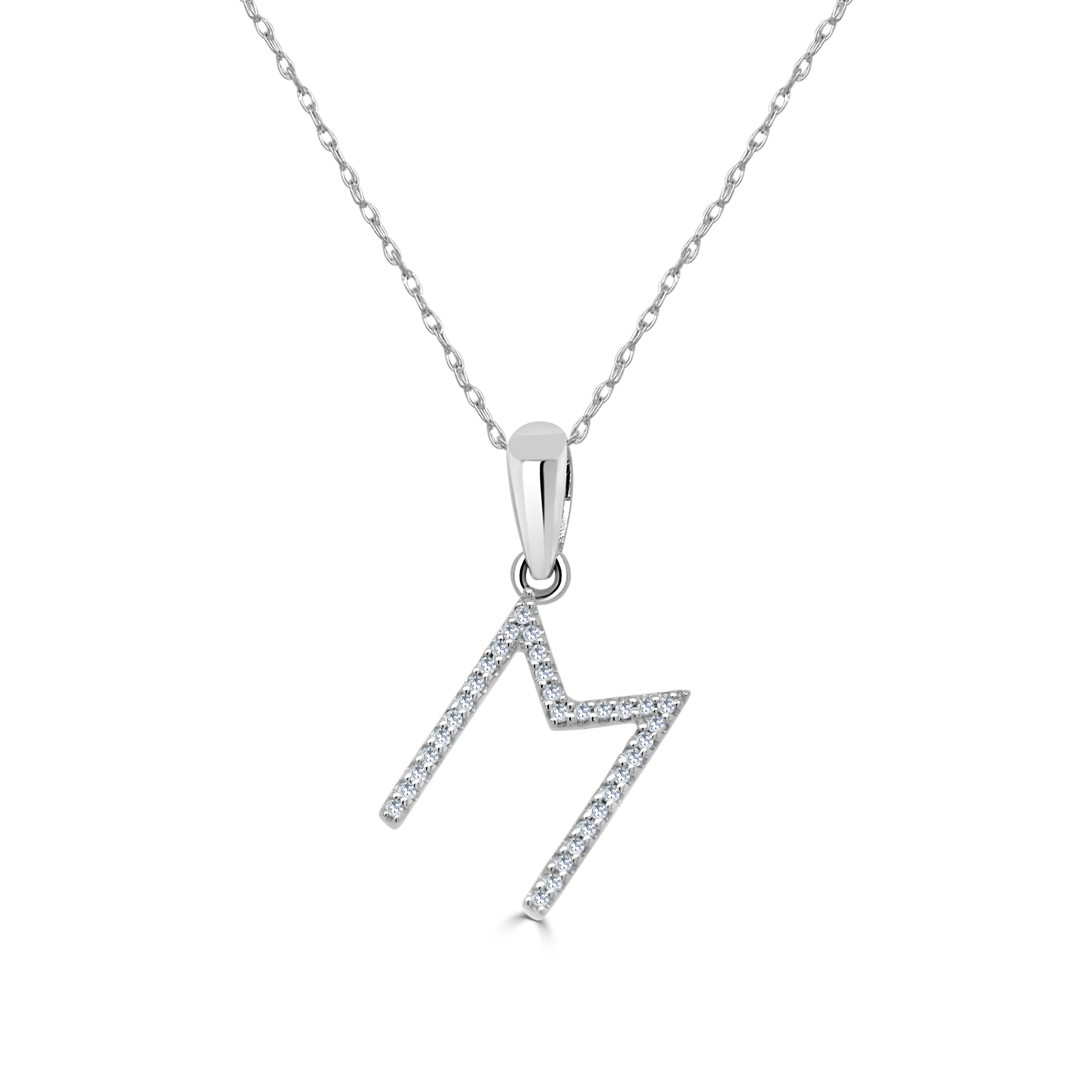 Baguette Cut 14K White Gold 0.10ct Diamond Initial M Pendant for Her For Sale