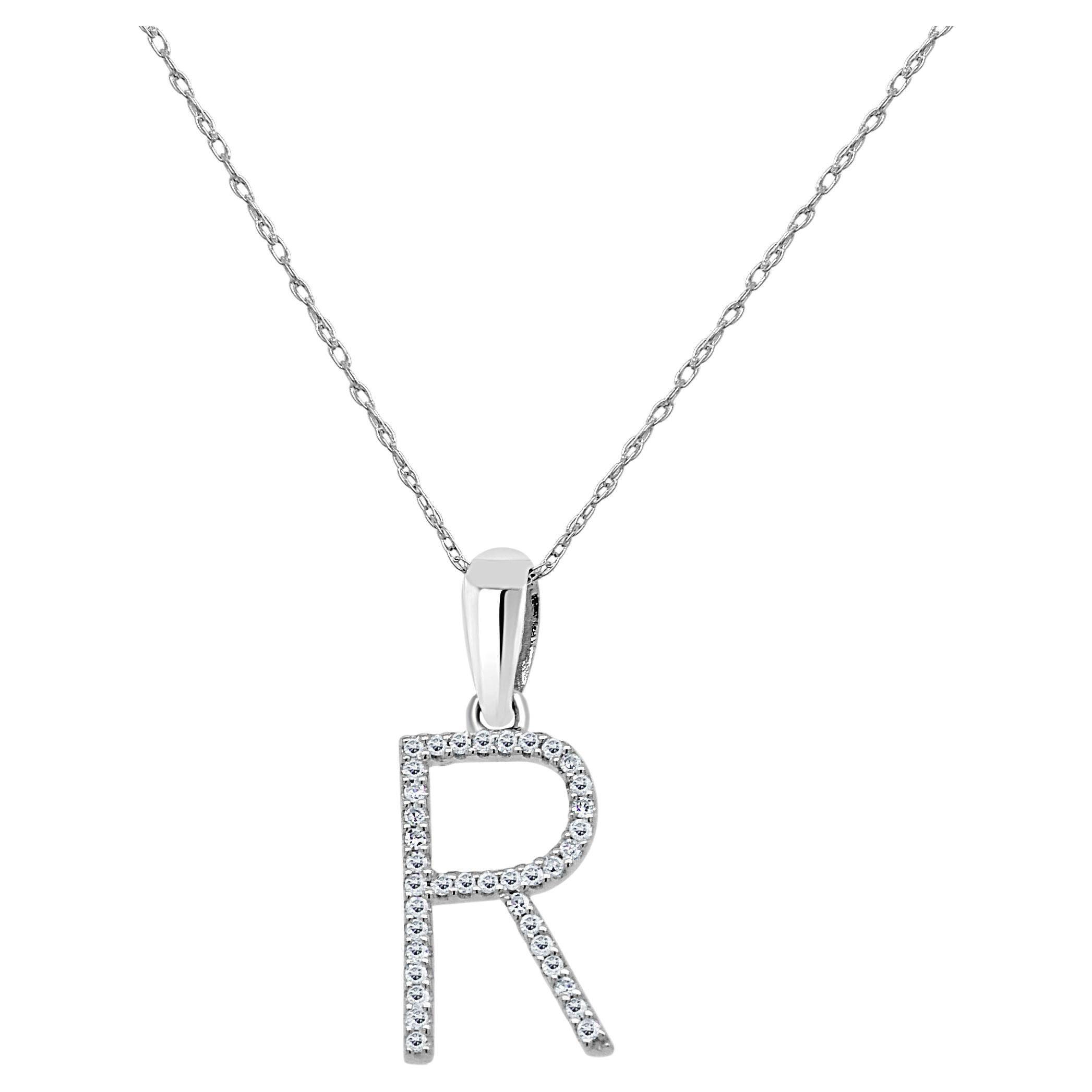 14K White Gold 0.10ct Diamond Initial R Pendant for Her For Sale