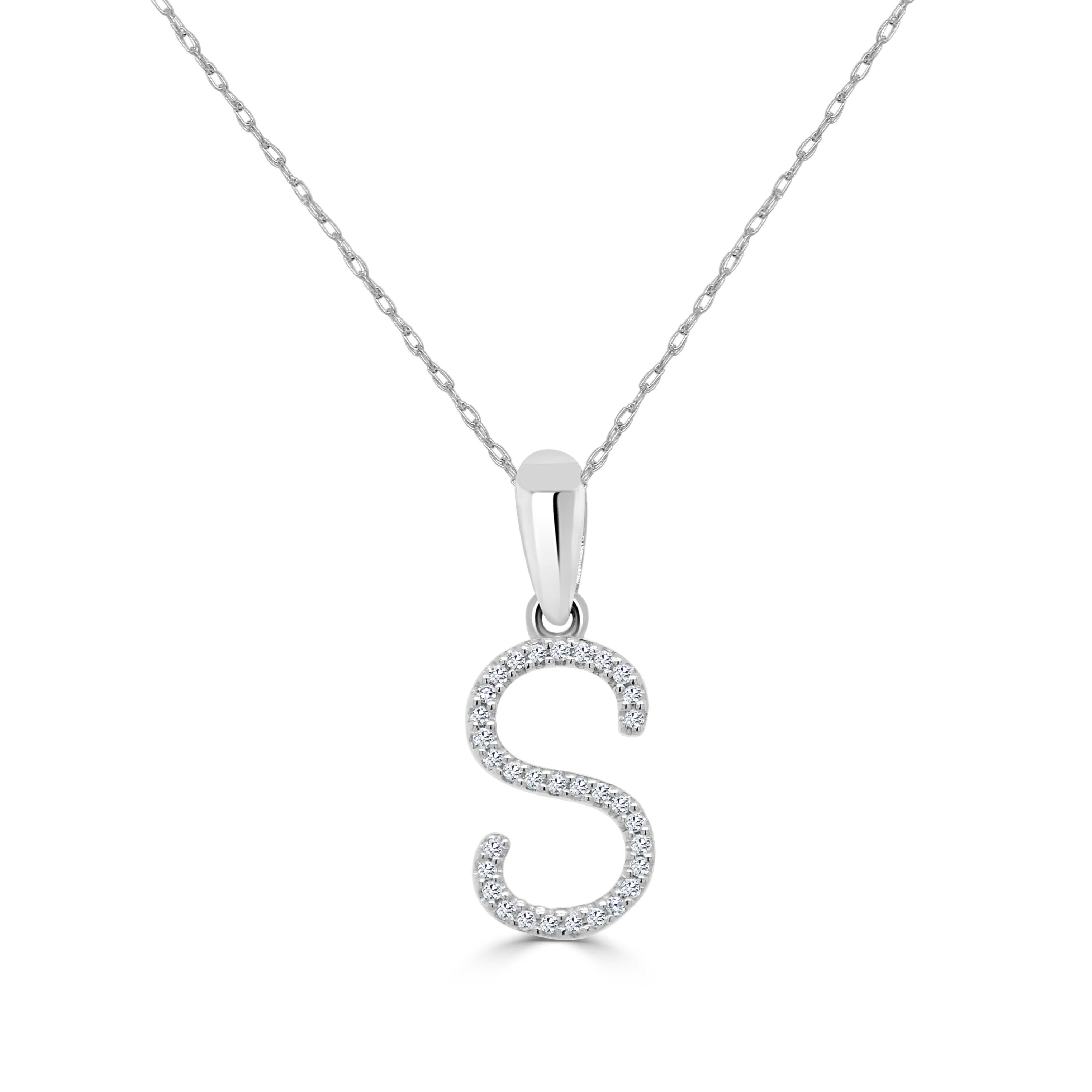 Baguette Cut 14K White Gold 0.10ct Diamond Initial S Pendant for Her For Sale