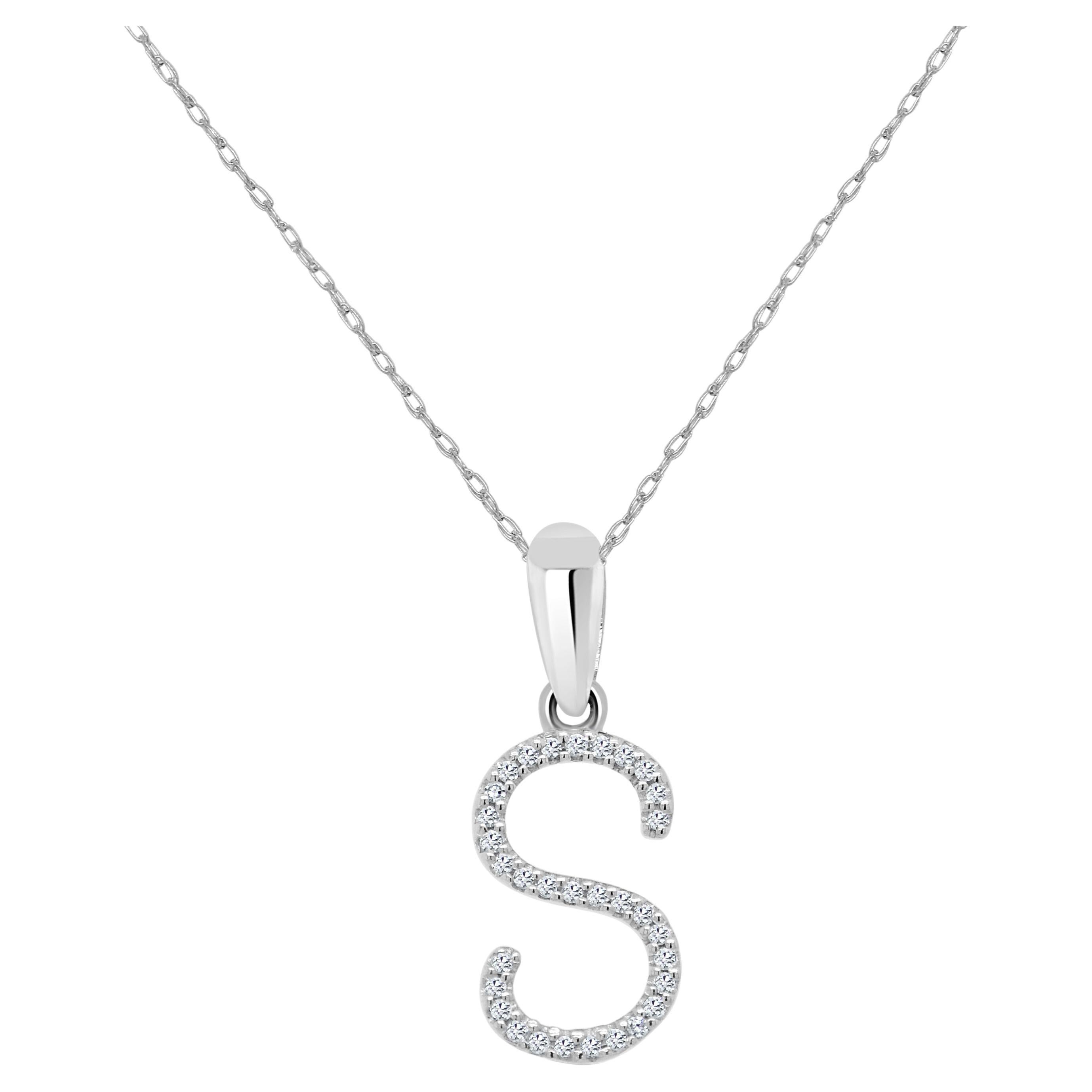 14K White Gold 0.10ct Diamond Initial S Pendant for Her For Sale