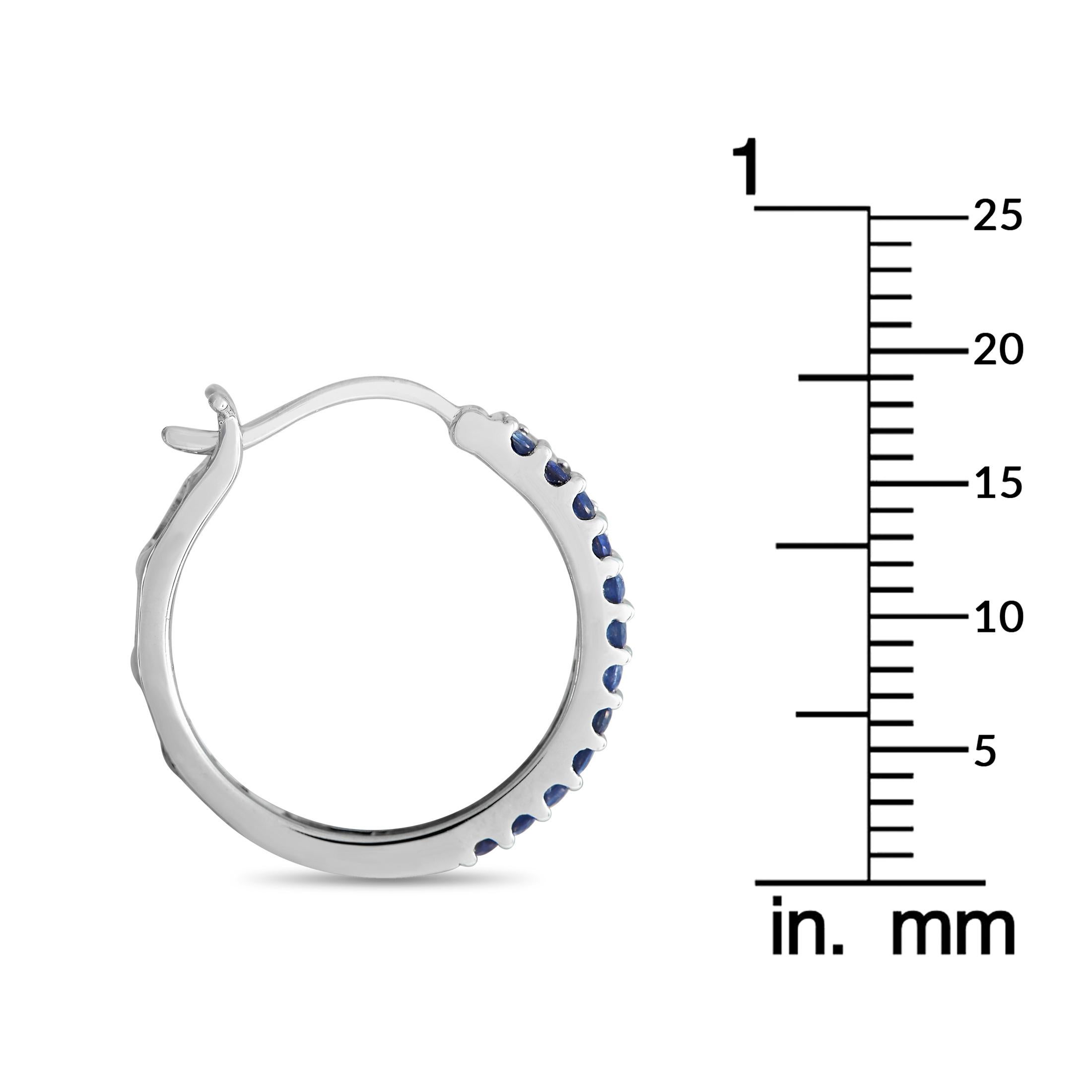 Round Cut 14K White Gold 0.15ct Diamond and Blue Sapphire Hoop Earrings ER28312 For Sale