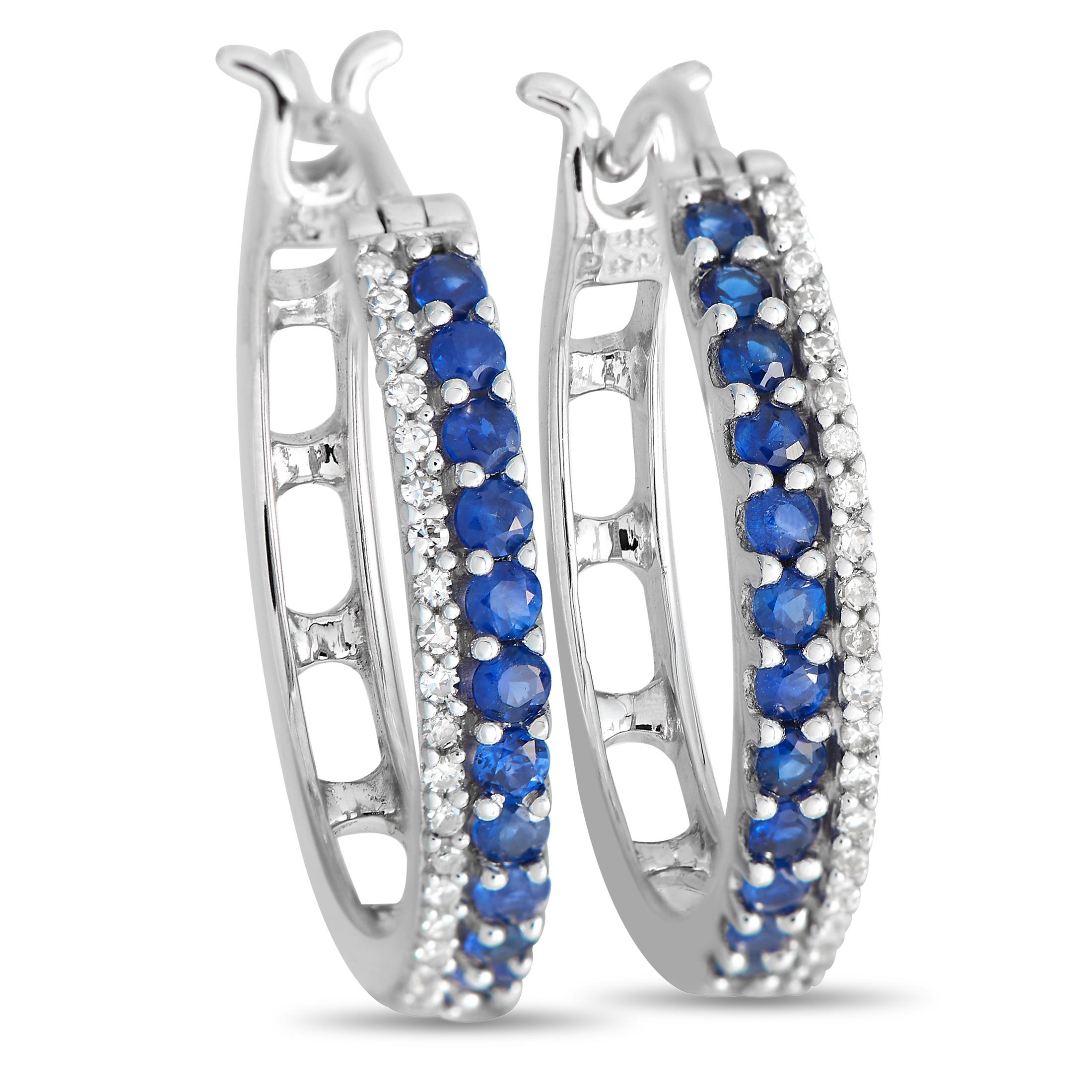 14K White Gold 0.15ct Diamond and Blue Sapphire Hoop Earrings ER28312 In New Condition For Sale In Southampton, PA