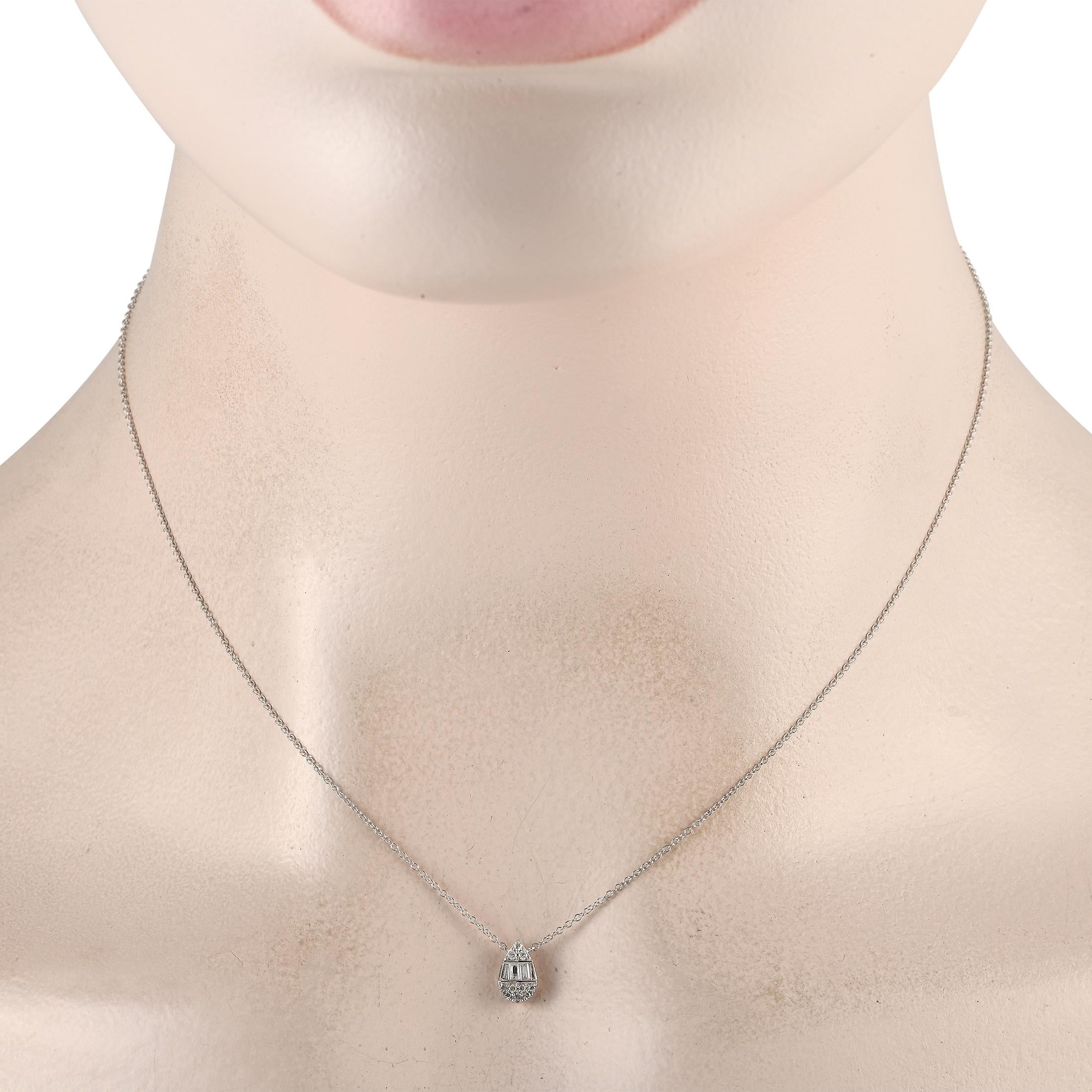 On this simple, elegant necklace, a pear-shaped pendant measuring 0.45 long by 0.15 wide provides the perfect amount of sparkle thanks to Diamonds with a total weight of 0.15 carats. Ideal for everyday wear, this perfectly understated accessory is
