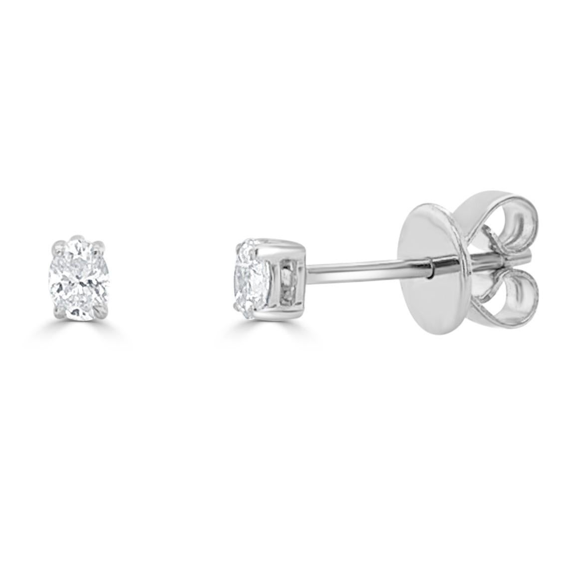Baguette Cut 14K White Gold 0.15ct Oval Diamond Studs for Her For Sale