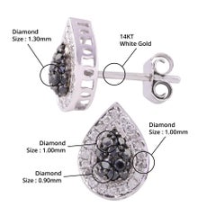 14K White Gold 0.168 Ctw Diamond, 0.206 Ctw Real Black Diamond Stud Earrings