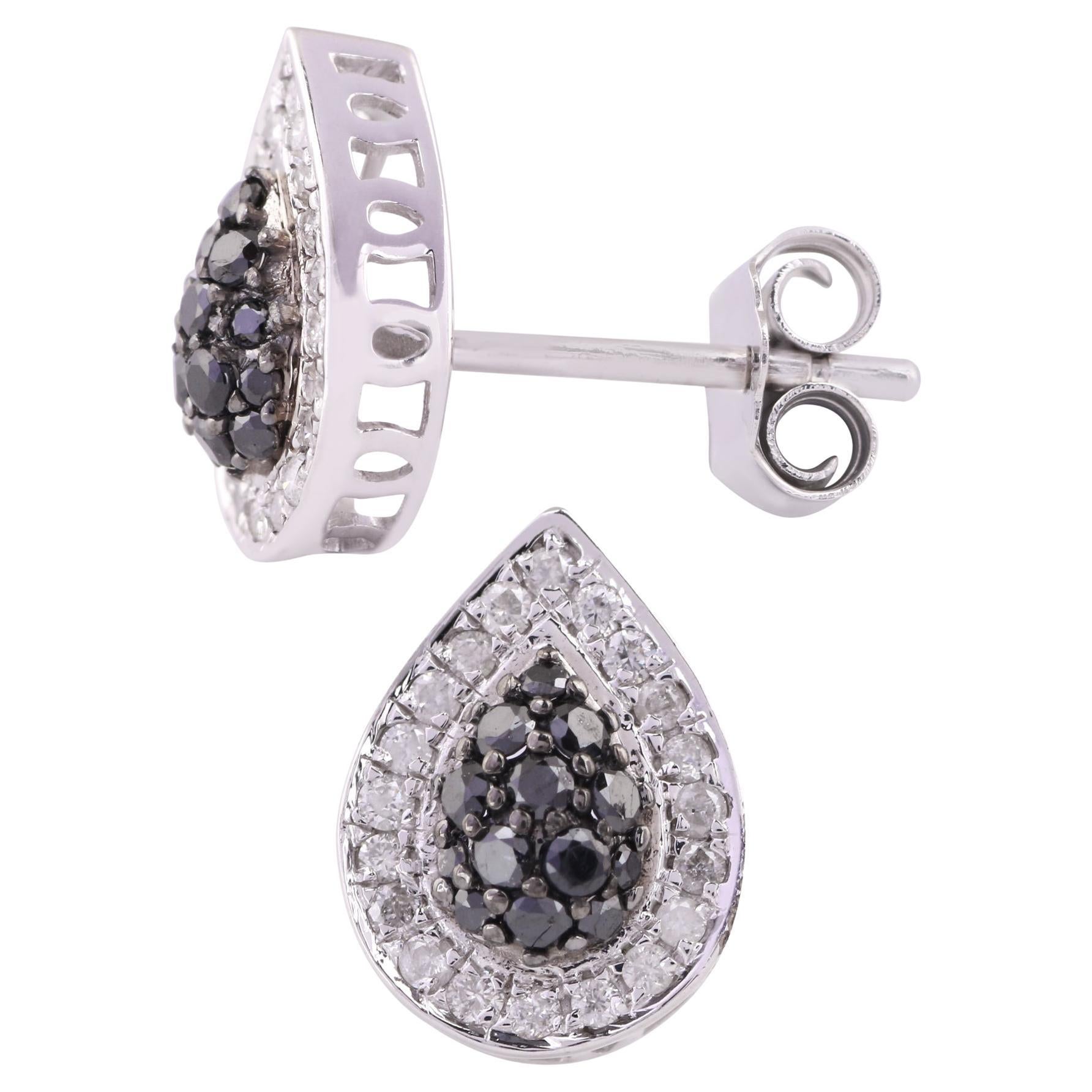14K White Gold 0.168 Ctw Diamond, 0.206 Ctw Real Black Diamond Stud Earrings For Sale
