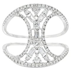 14k White Gold 0.17ct Baguette Cut and 0.31ct Round Diamonds Split Shank Ring