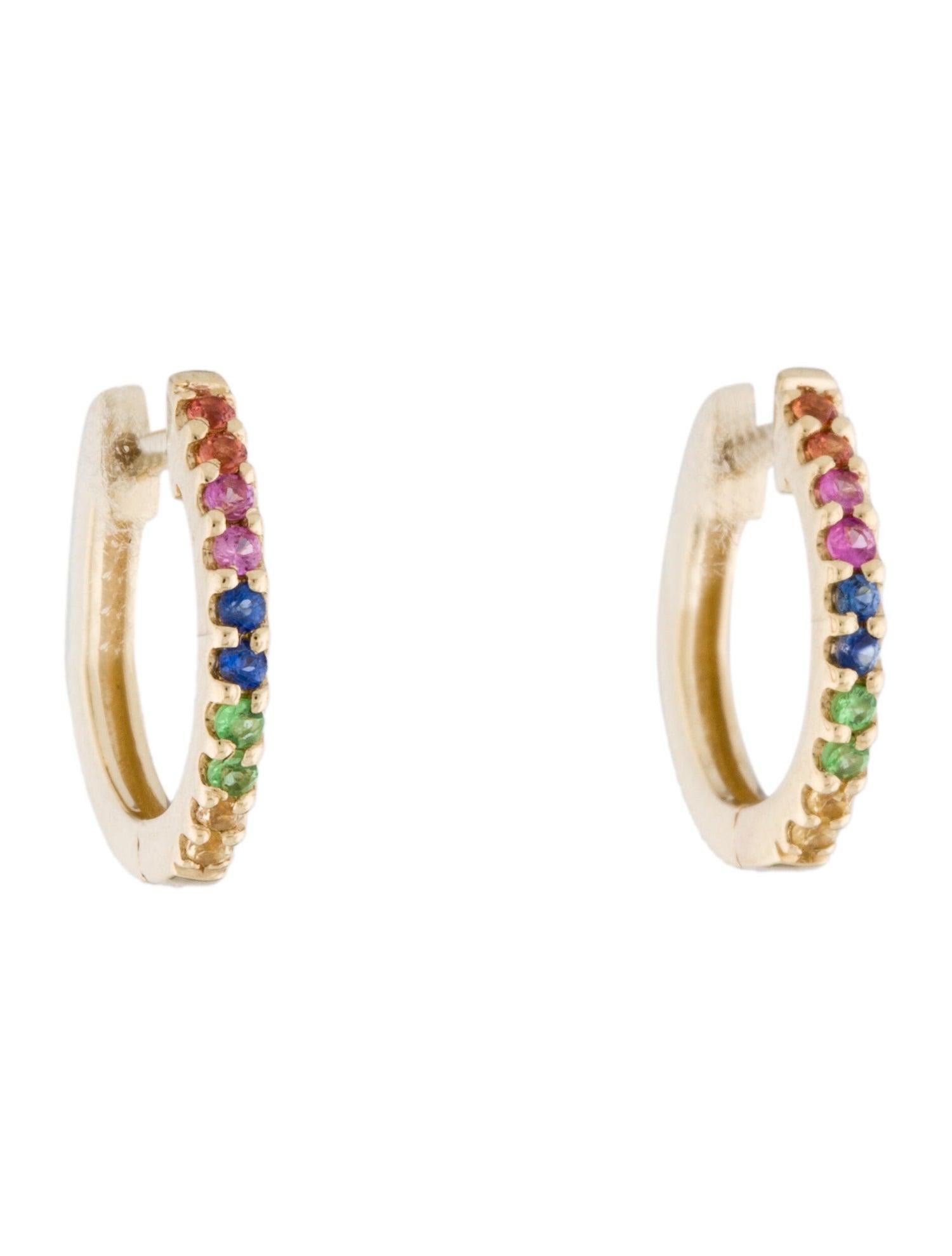 Adorn yourself or gift to a friend these colorful and fun Rainbow Sapphire small huggy hoop earrings featuring approximately 0.18ct of colored sapphires. Lever back closure. Super cute for a second piercing.
-14K Gold
-0.18 ct. Multi