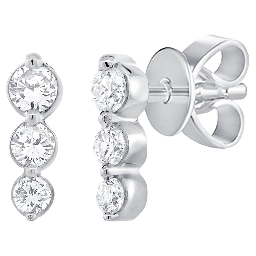 14K White Gold 0.20ct Diamond 3 Stone Bar Stud Earrings for Her For Sale