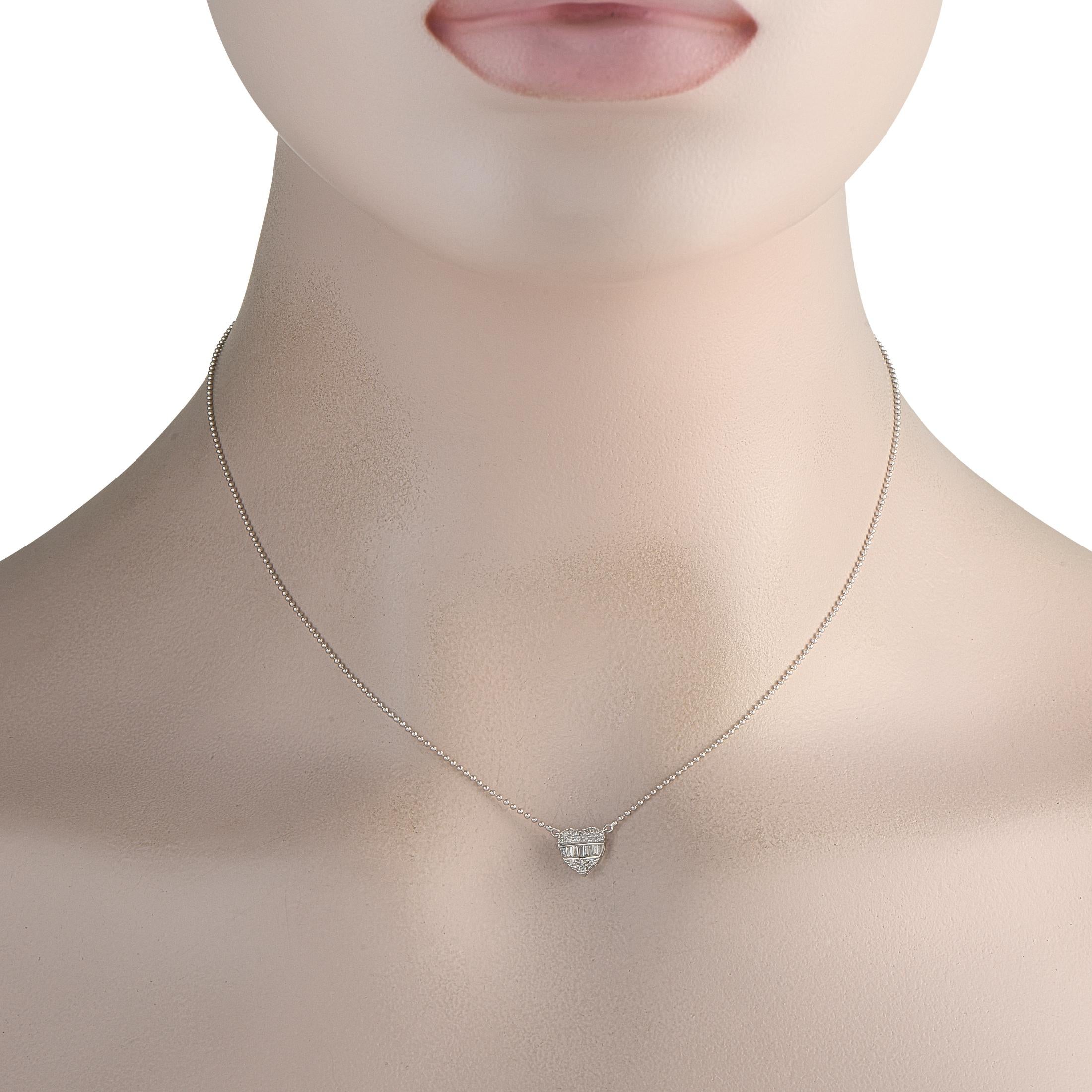 This luxury necklace is the perfect gift for your beloved. At the center of a delicate 16 ball chain, a heart-shaped pendant measuring 0.25 round is elevated by inset Diamonds totaling 0.20 carats. Crafted from 14K White Gold, it will continually