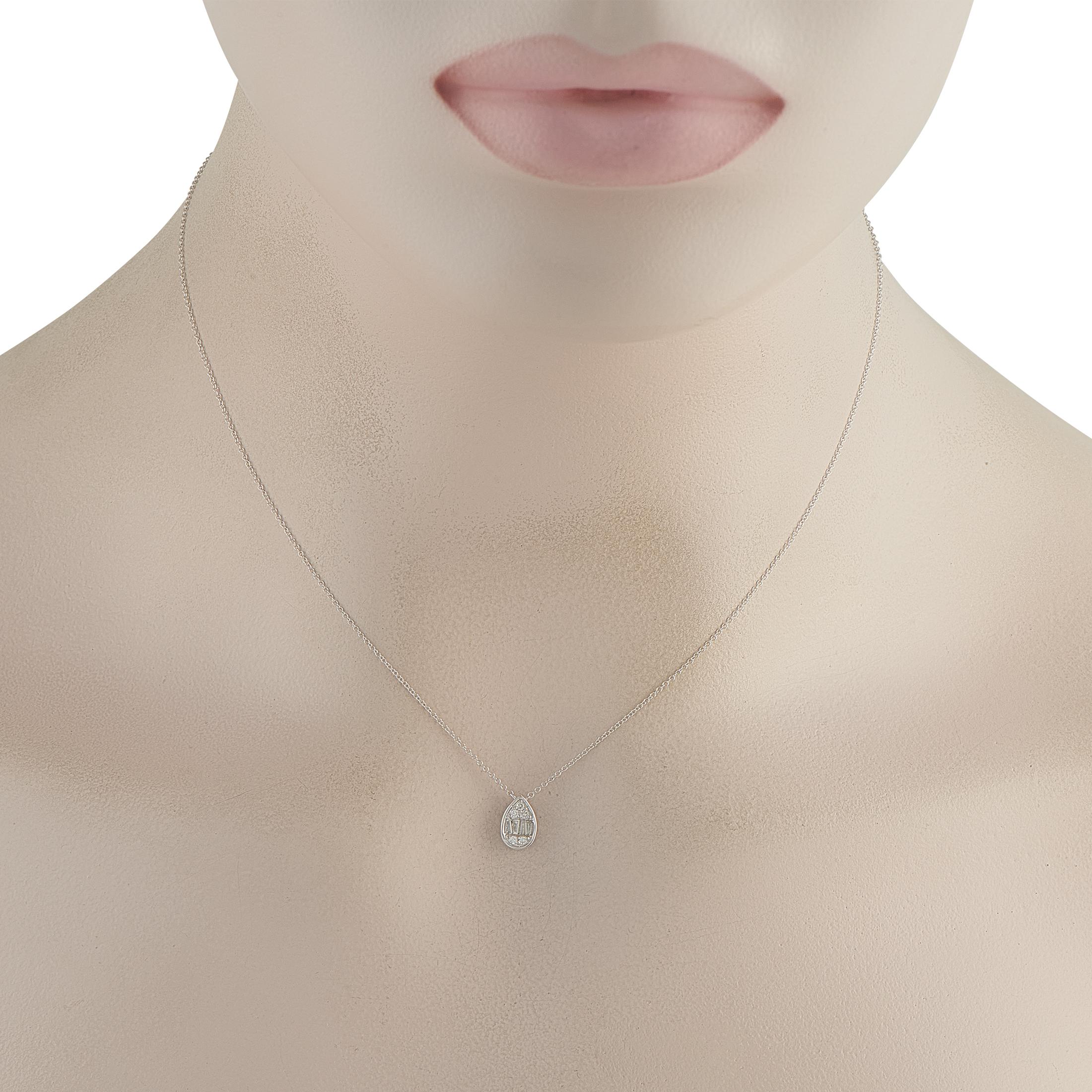 Add a subtle touch of sparkle to any ensemble with this elegant necklace. The pear-shaped pendant shines to life thanks to inset Diamonds totaling 0.20 carats. Crafted from 14K White Gold, the pendant measures 0.32 long by 0.25 wide and is suspended