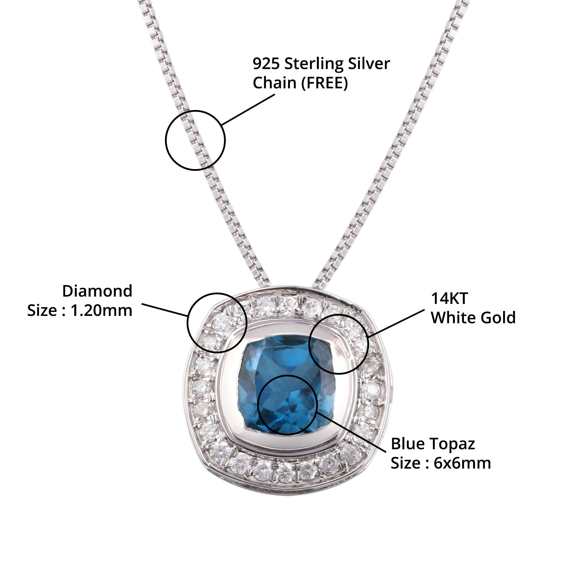 Item details:-

✦ SKU:- JPD00155WWW

✦ Material :- Gold

✦ Metal Purity : 14K White Gold

✦ Gemstone Specification:- 
✧ Clear Diamond Round (l1/H1) - 1.20mm - 24 Pcs
✧ Natural Blue Topaz Cushion - 6x6mm - 1 Pcs


✦ Approx. Diamond Carat Weight :