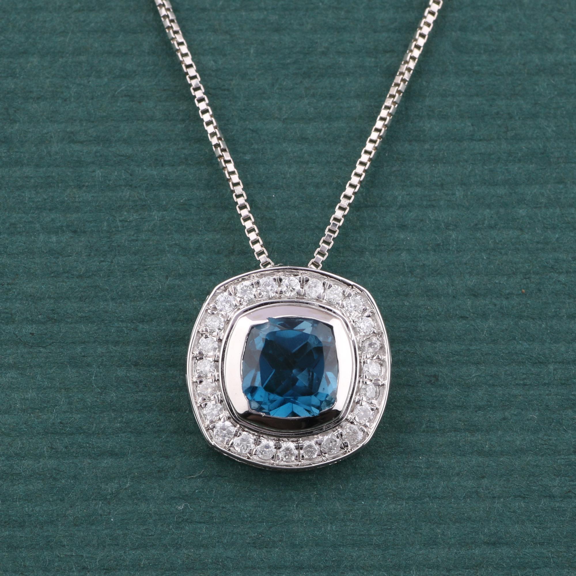 Modern 14K White Gold 0.212 Ctw Natural Diamond, 0.930 Ctw Blue Topaz Charm Pendants For Sale