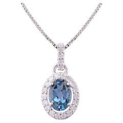 Pendentif breloque en or blanc 14 carats avec diamants naturels de 0,221 carat et topaze bleue de 1,085 carat