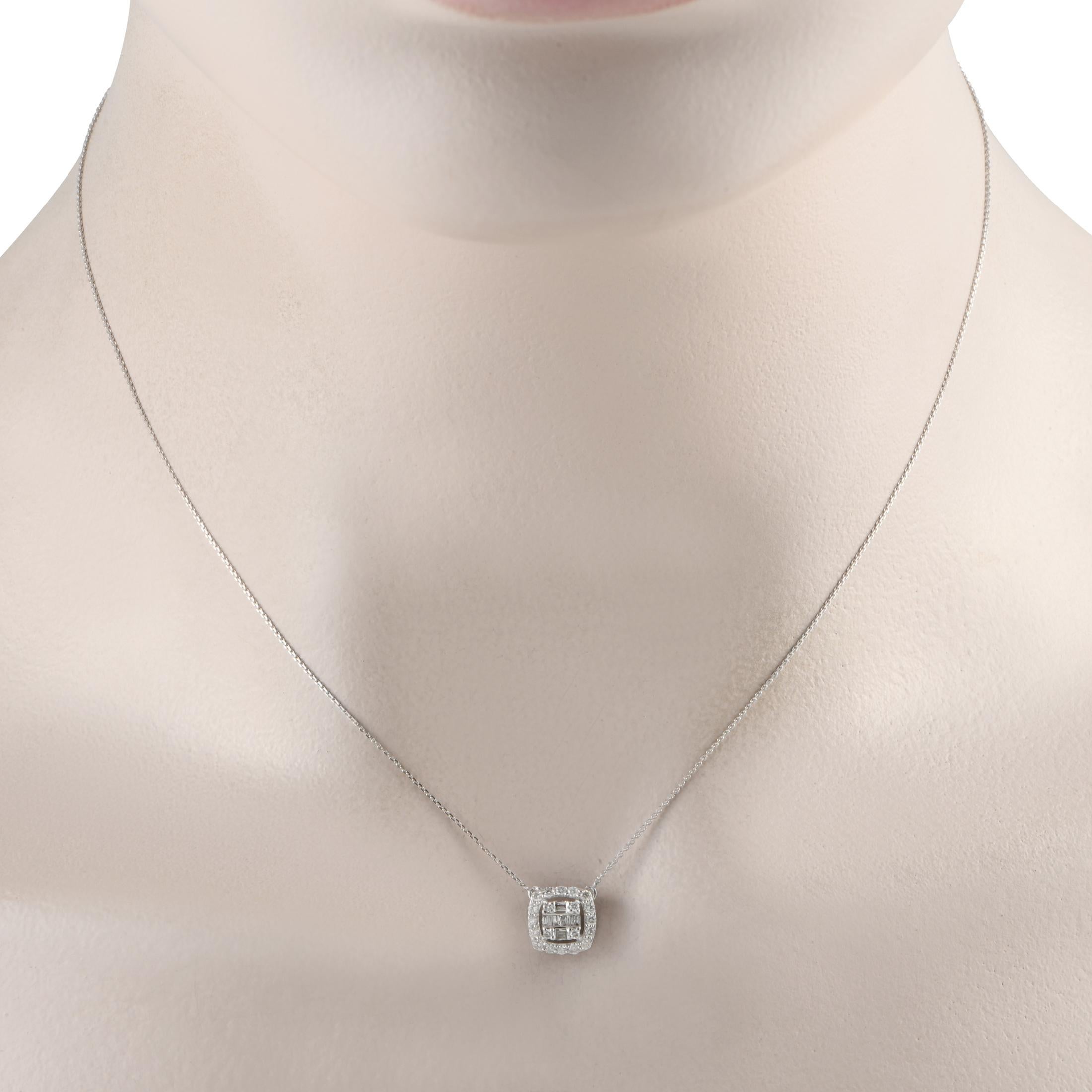 Great for everyday wear, this diamond necklace offers a dainty sparkle that effortlessly enhances an outfit. It is designed with a barely-there chain in 14K white gold and a cushion-shaped halo of round diamonds framing a rounded square cluster of