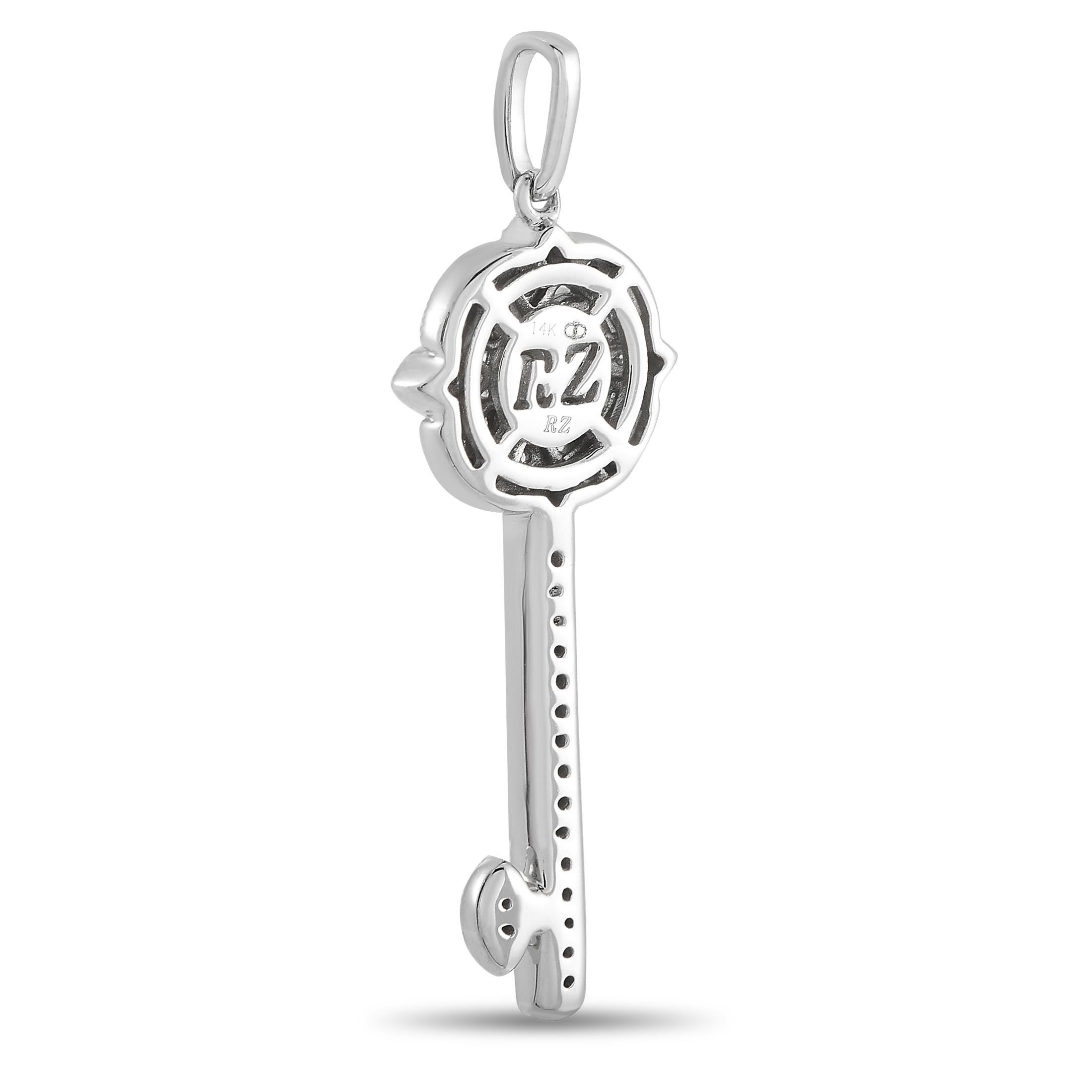 Stylish and symbolic, this diamond key pendant offers a mix of thoughtfulness, versatility, and elegance. An piece, it is crafted in 14K white gold and finished with milgrain trim. The 1.25 by 0.5 pendant is fully embellished with round diamonds