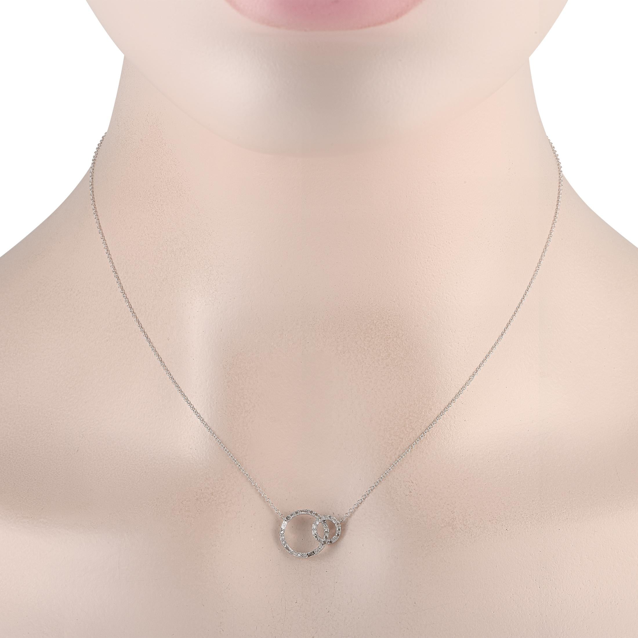 This luxury necklace is ideal for everyday wear. Suspended at the center of a 16 chain, youll find a 14K White Gold pendant that consists of interlocking circles. Diamonds with a total weight of 0.25 carats allow it to effortlessly reflect light