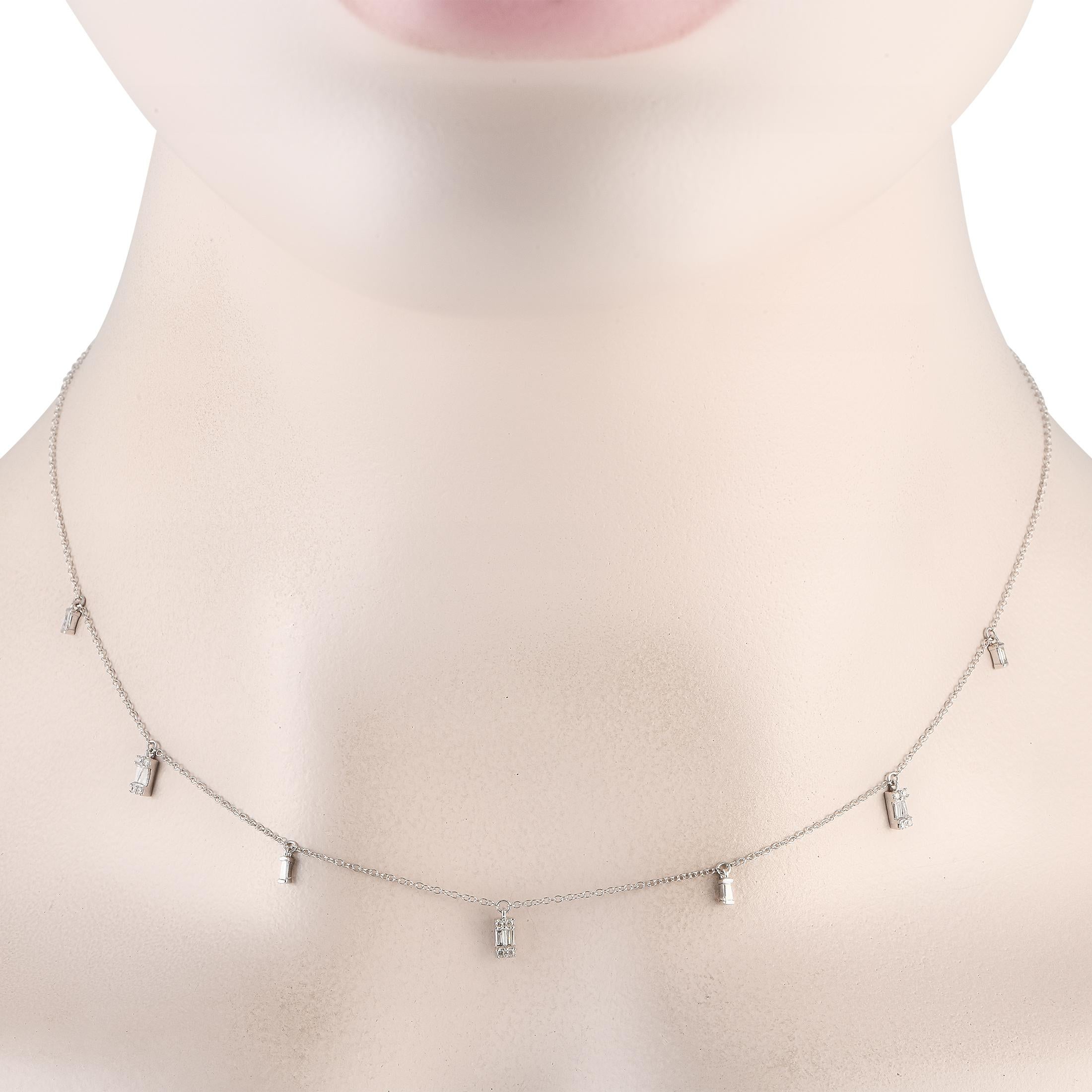 Diamond baguettes with a total weight of 0.25 carats dangle delicately from a 16 chain on this impeccably crafted necklace. Ideal for everyday wear, it is crafted from shimmering 14K White Gold and comes complete with secure lobster clasp