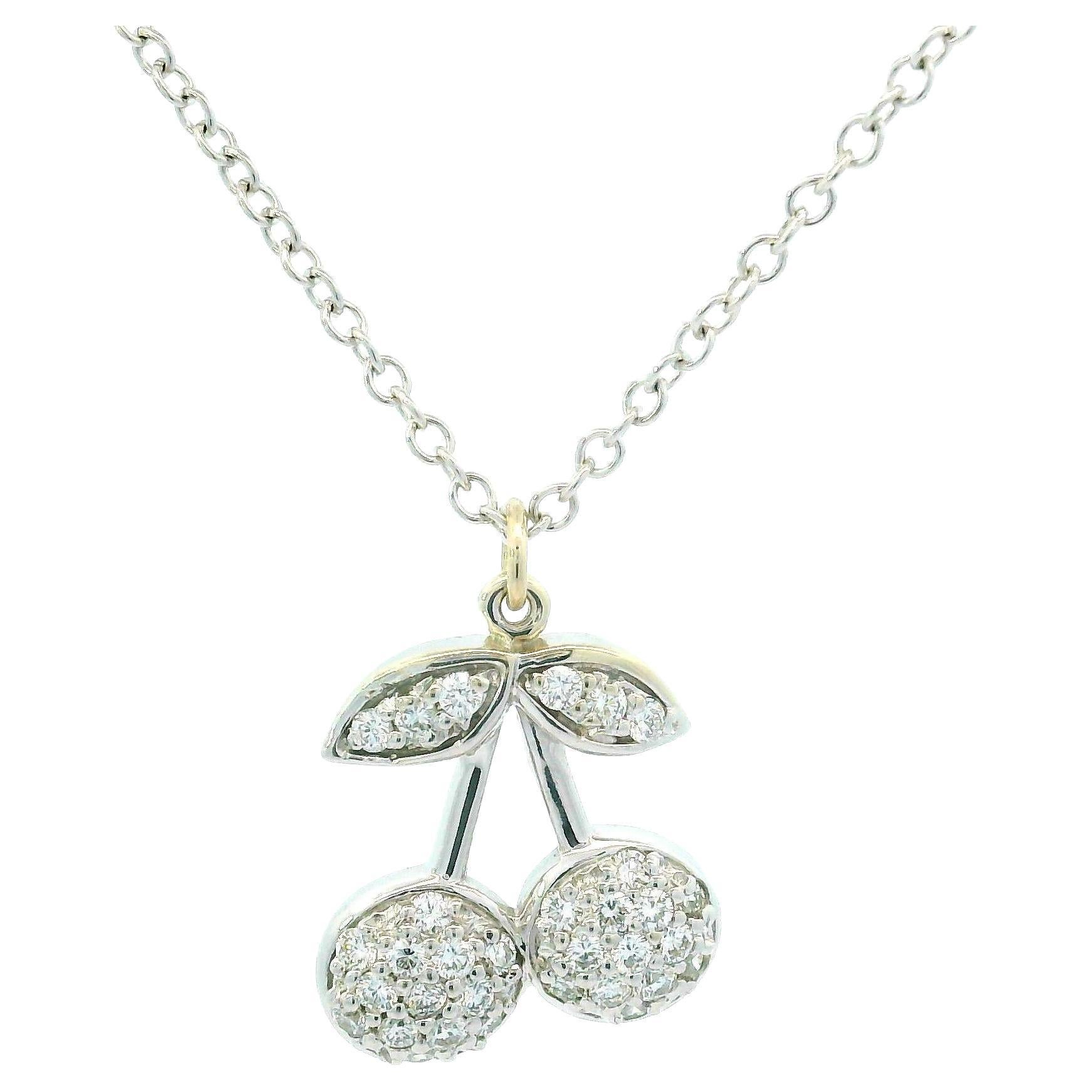 14k White Gold 0.25ctw Diamond Dual Lucky Cherry Pendant Cable Chain Necklace For Sale