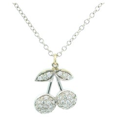 14k White Gold 0.25ctw Diamond Dual Lucky Cherry Pendant Cable Chain Necklace