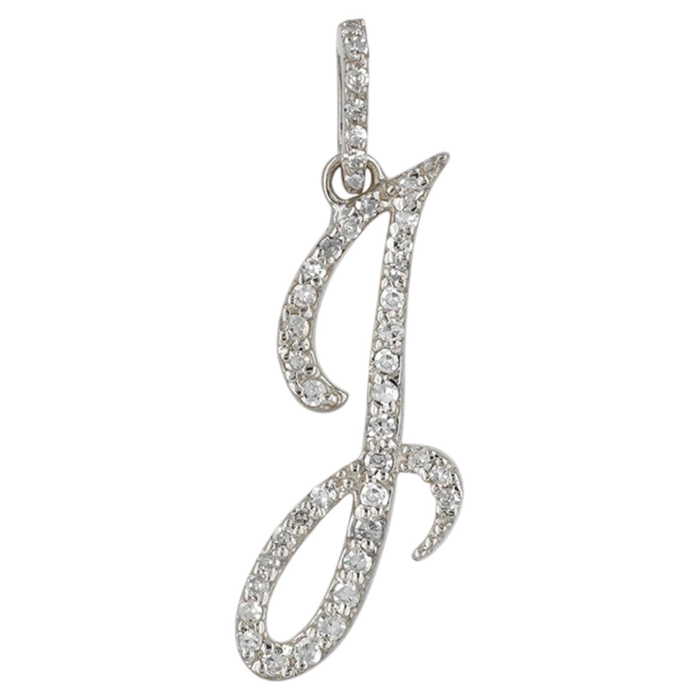 14K White Gold 0.26 CT Natural Diamond Cursive Script Initial J Letter Pendant