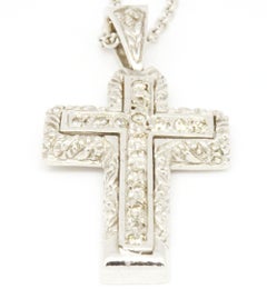 14 Karat White Gold 0.26 Carat Pavé Double Diamond Cross Necklace