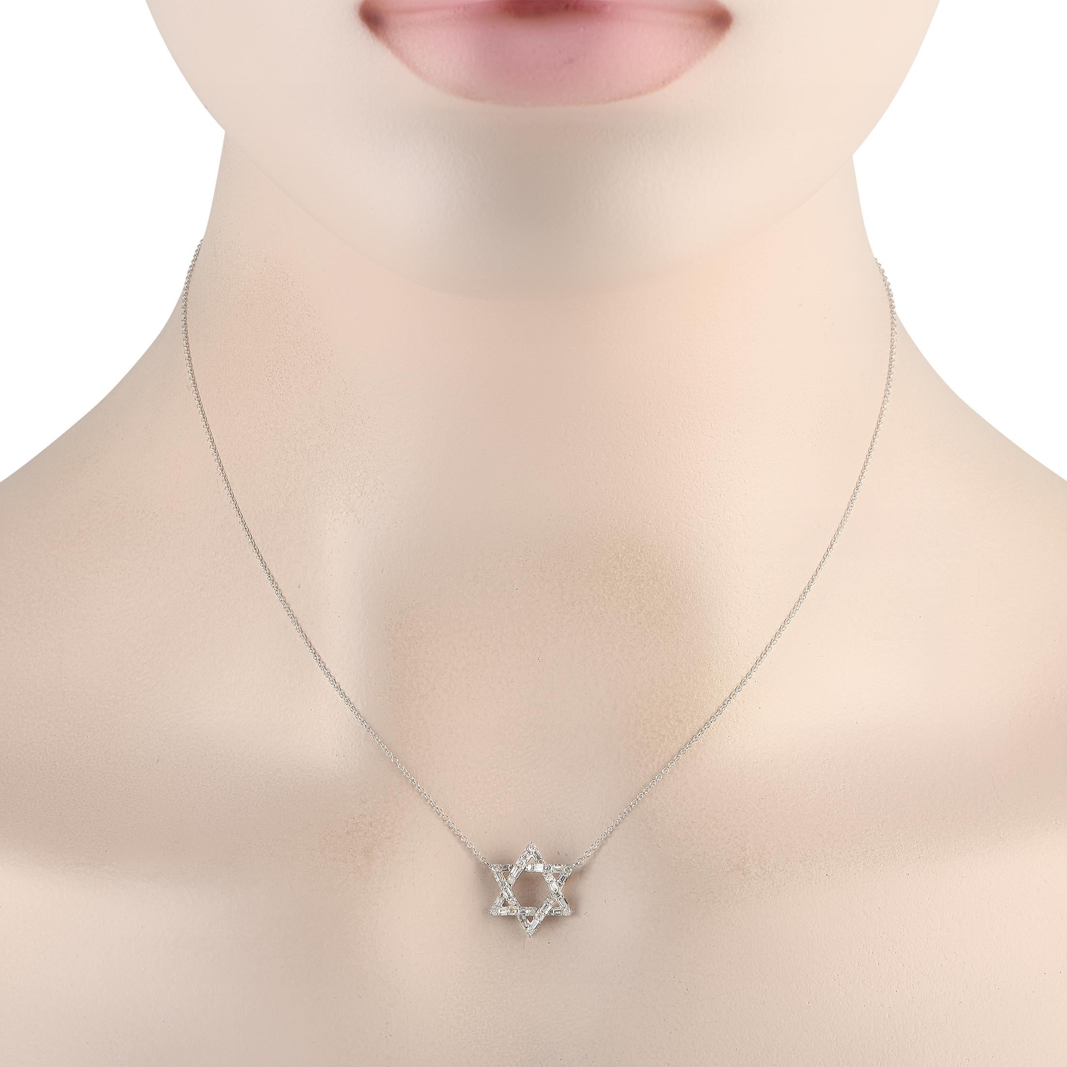 This luxurious necklace is a beautiful way to put your faith on display. Suspended at the center of a delicate 16 chain, this piece features a Star of David pendant measuring 0.50 round. Sparkling diamonds with a total weight of 0.28 carats further
