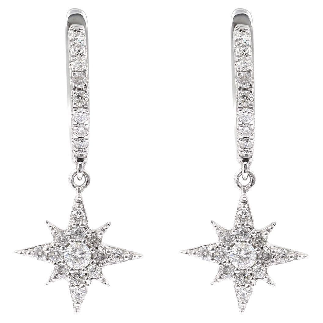 14K White Gold 0.29 Ct. Pave Diamond Starburst Drop Huggie Earrings