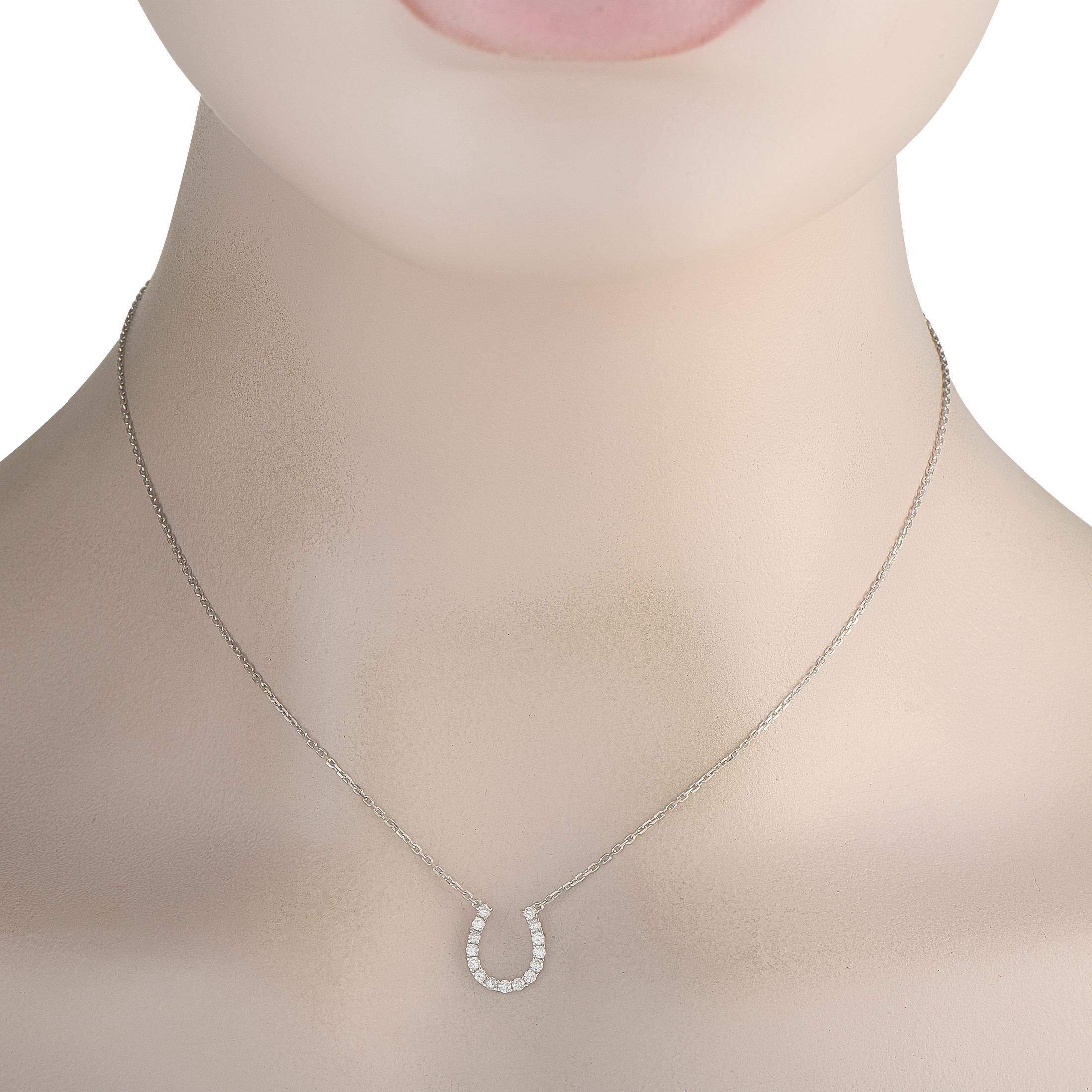 This exquisitely crafted necklace is poised to bring you plenty of good luck. A horseshoe shaped pendant measuring 0.50 long by 0.40 wide shines to life thanks to a series of sparkling Diamonds totaling 0.30 carats. Crafted from 14K White Gold, the