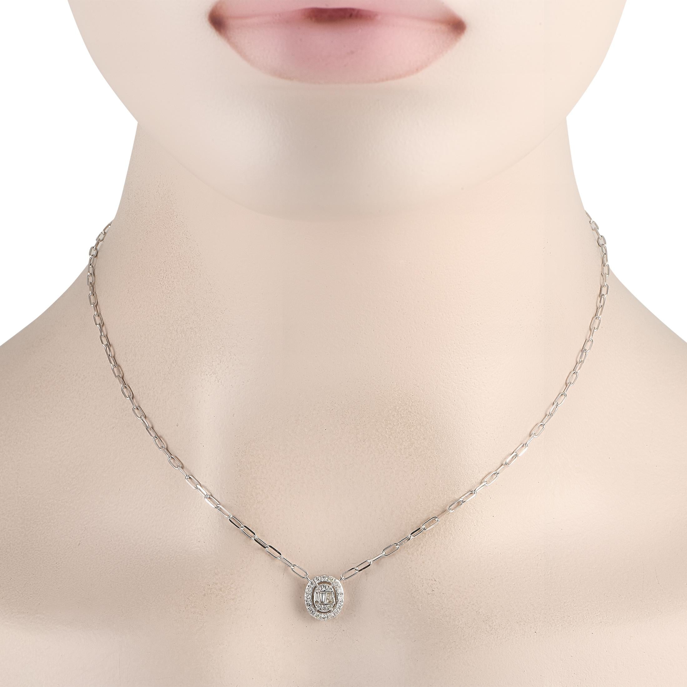 Simple, elegant, and perfectly understated, this 14K white gold necklace will add the perfect finishing touch to absolutely any ensemble. Suspended from a chic 16 paperclip chain, an oval-shaped pendant measuring 0.45 long by 0.40 wide comes to life