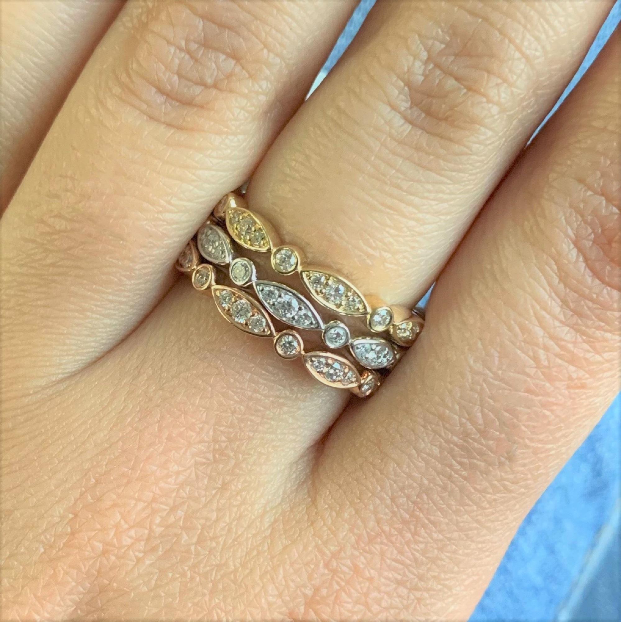 Tired of your predictable jewelry collection? Update your look with the classic elements of this elegant ring! 14k gold forms a dramatic shank that holds a dazzling collection of round diamonds in prong and bezel settings. The polished finish gives