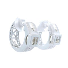14k White Gold 0.30ctw Diamond Dual Brushed Polished Finish Huggie Hoop Earrings