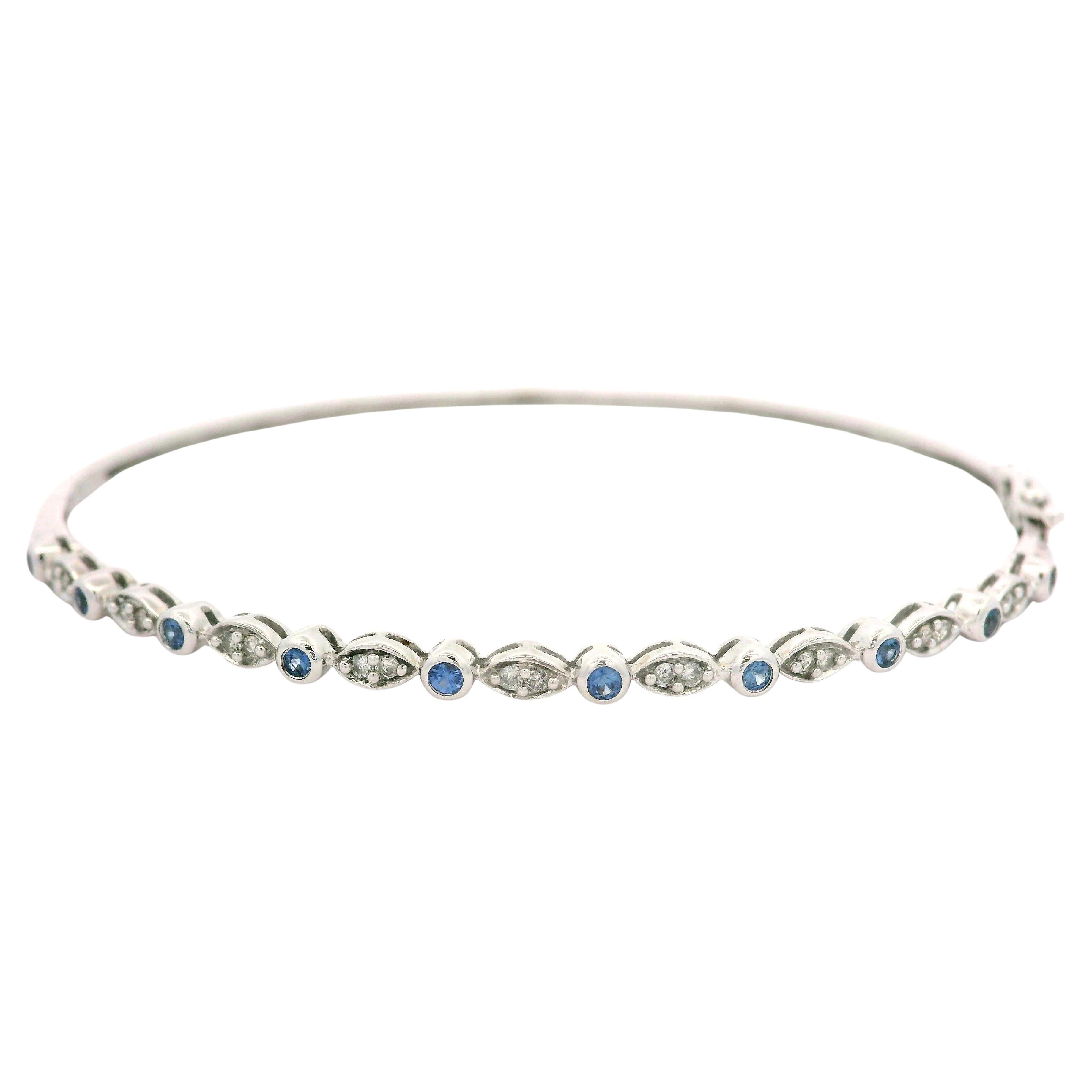 14k White Gold 0.30ctw Sapphire & Diamond Dainty Stack Hinged Bangle Bracelet