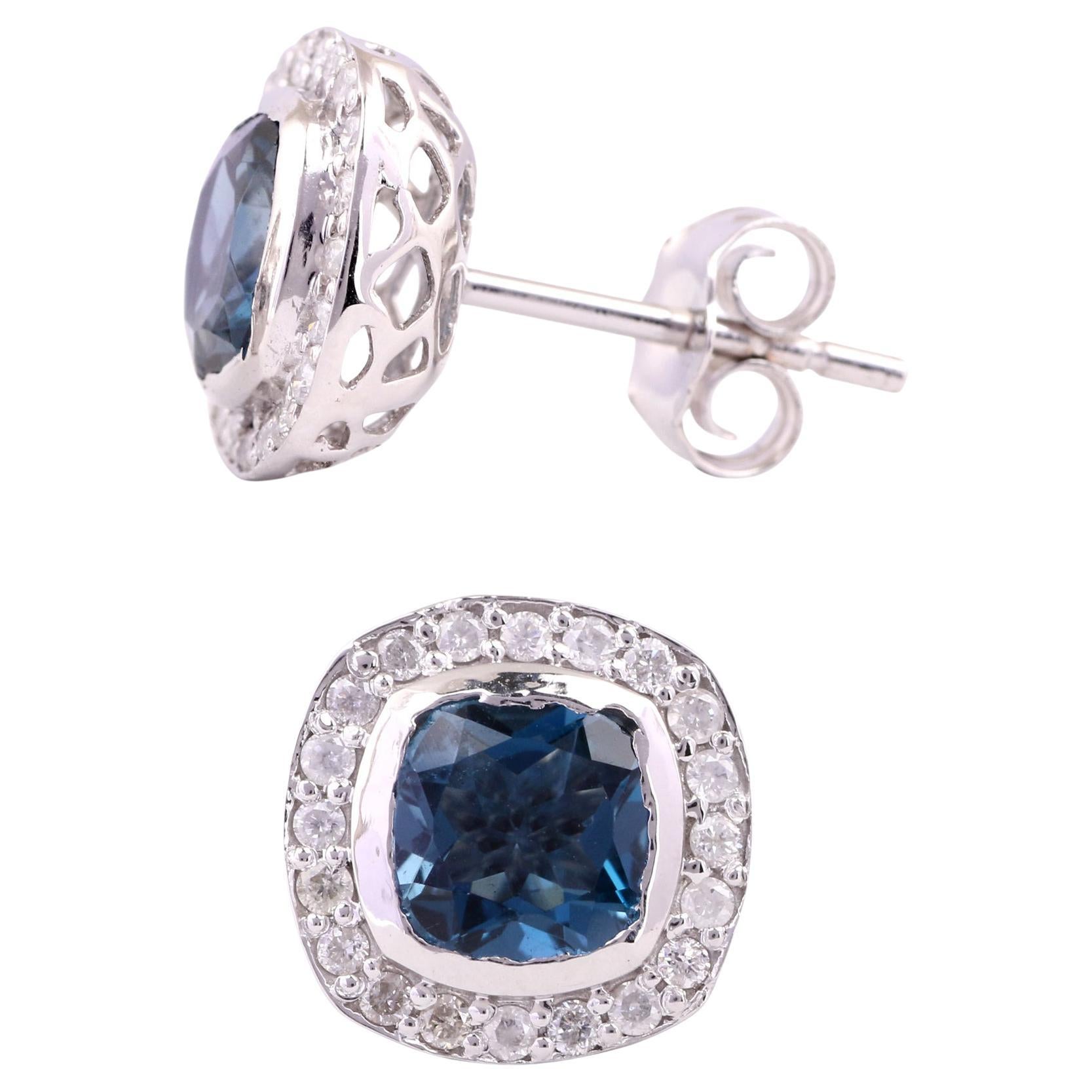 2.03 Ct Round Blue Sapphire 14K White Gold Earrings 