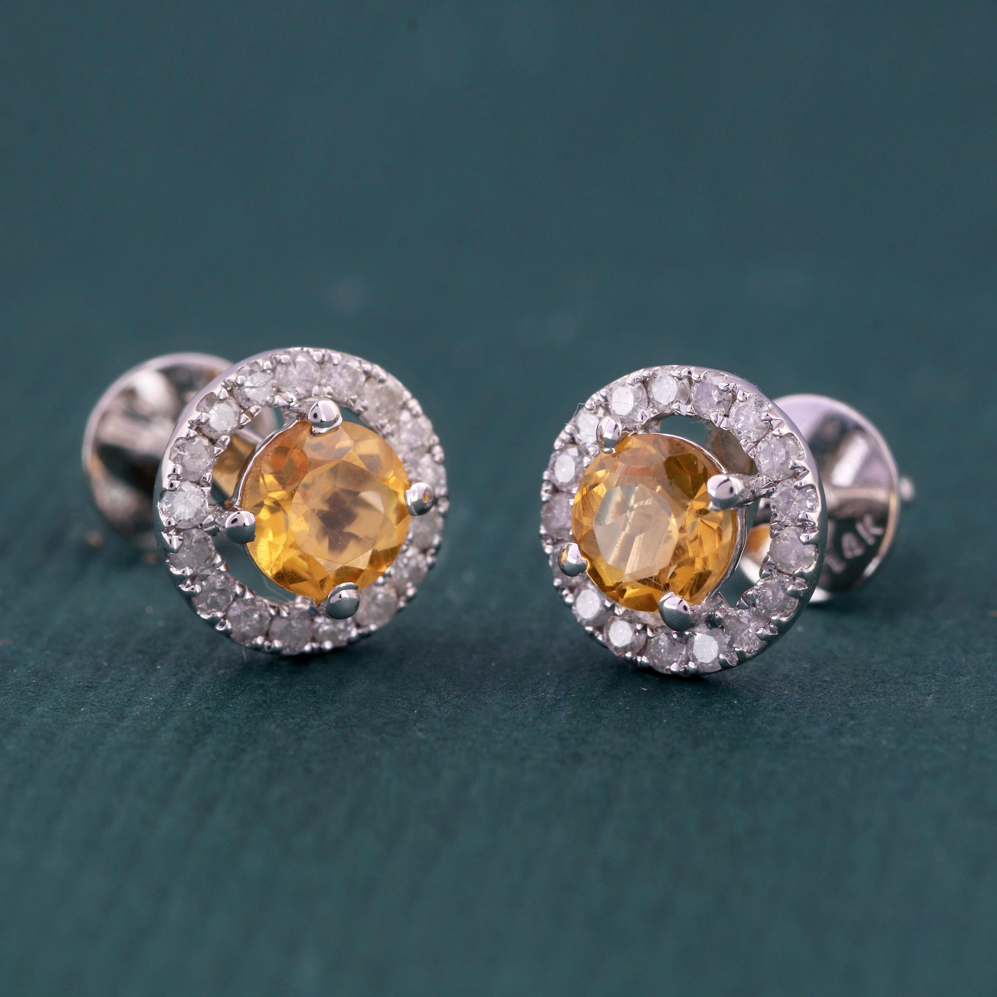 Brilliant Cut 14K White Gold 0.335 Ctw Diamond, 0.762 Ctw Natural Citrine Round Stud Earrings For Sale