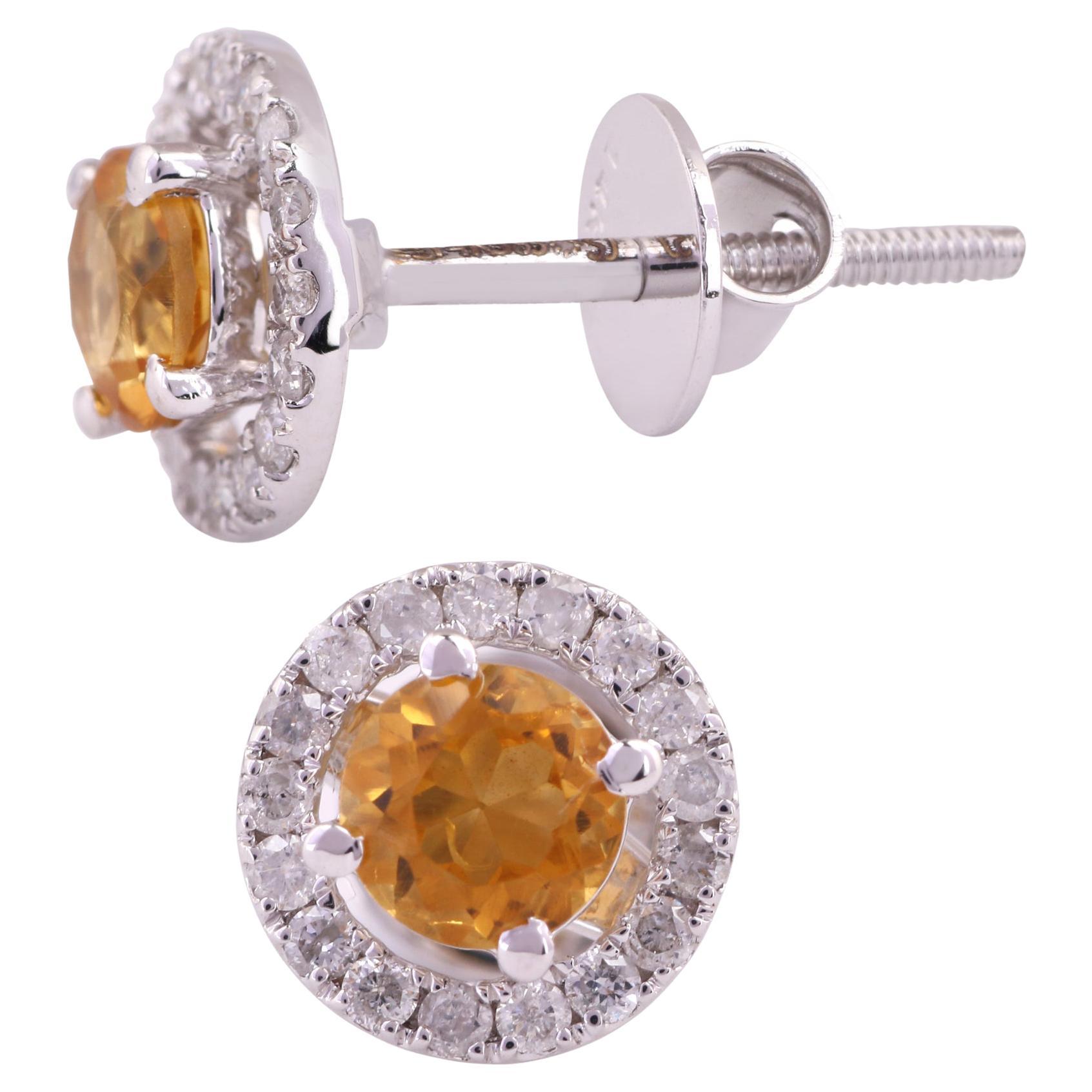 14K White Gold 0.335 Ctw Diamond, 0.762 Ctw Natural Citrine Round Stud Earrings For Sale