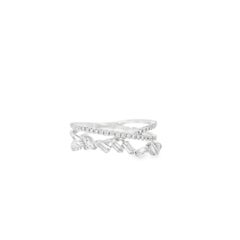 14k White Gold 0.33ct Baguette Cut and 0.11ct Pave-Set Round Diamond ZigZag Ring