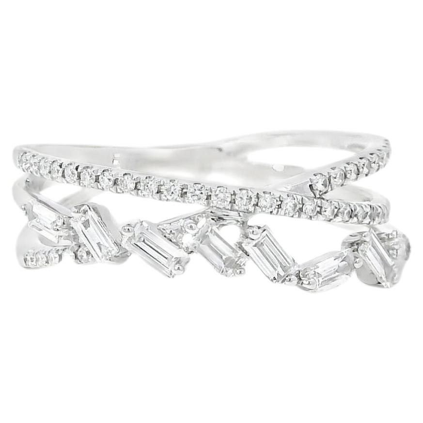 14k White Gold 0.33ct Baguette Cut and 0.11ct Pave-Set Round Diamond ZigZag Ring